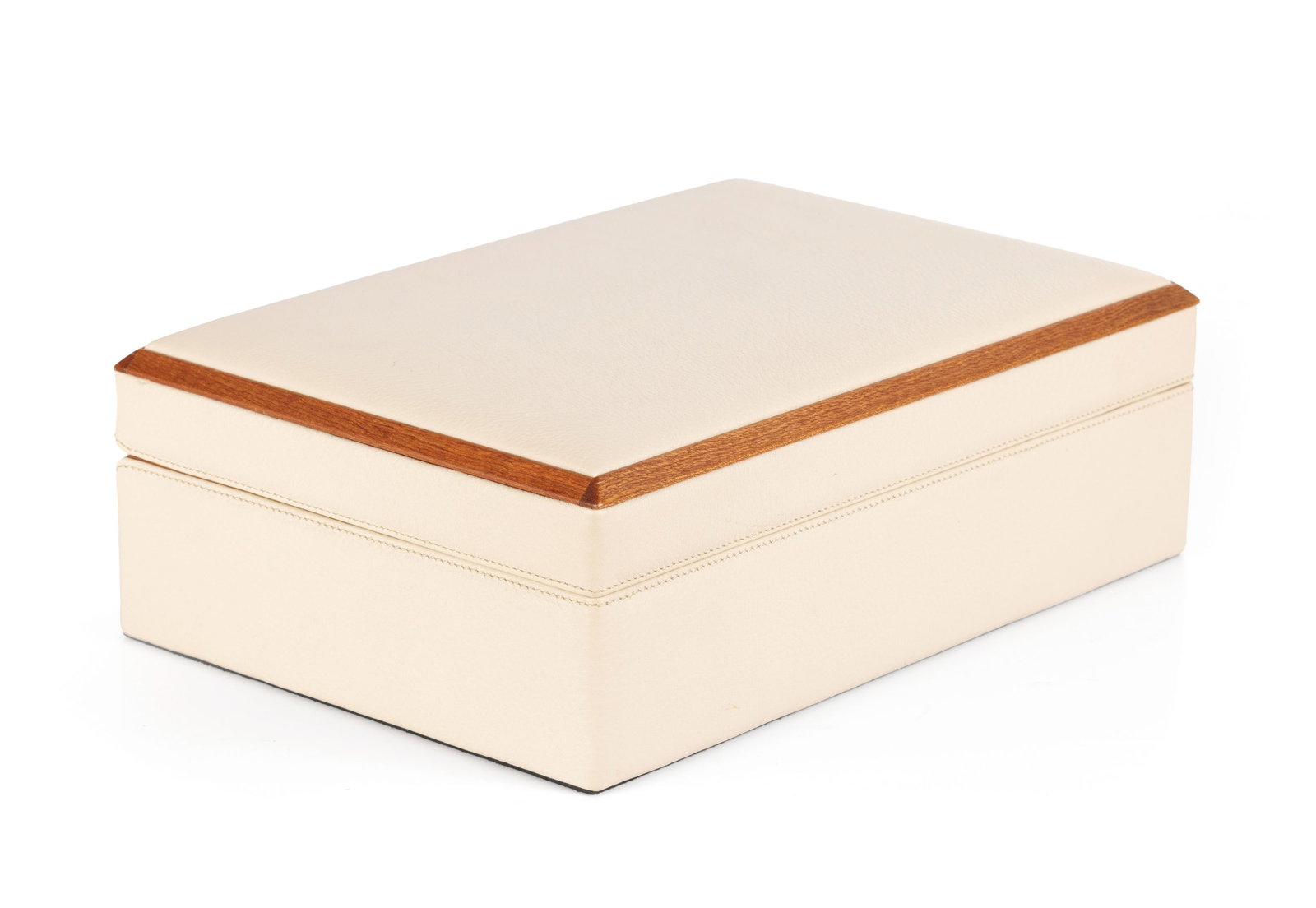 Naldi, boîte de rangement pour stylos en cuir beige et bois, intérieur gainé en daim  - 4