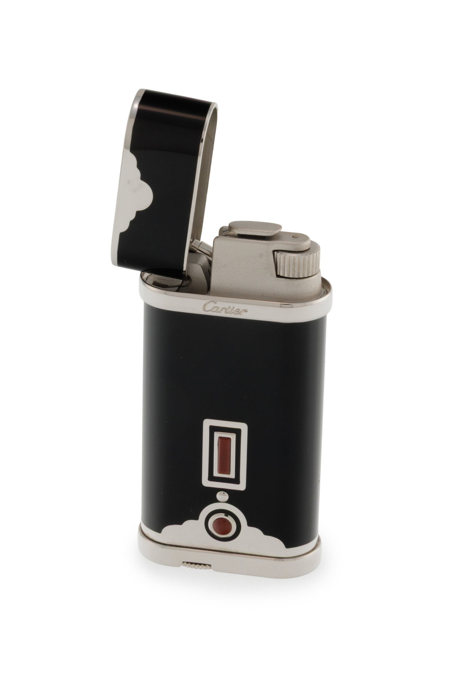 Cartier, briquet de style Art Déco en métal argenté et laque noire serti d'él - 2