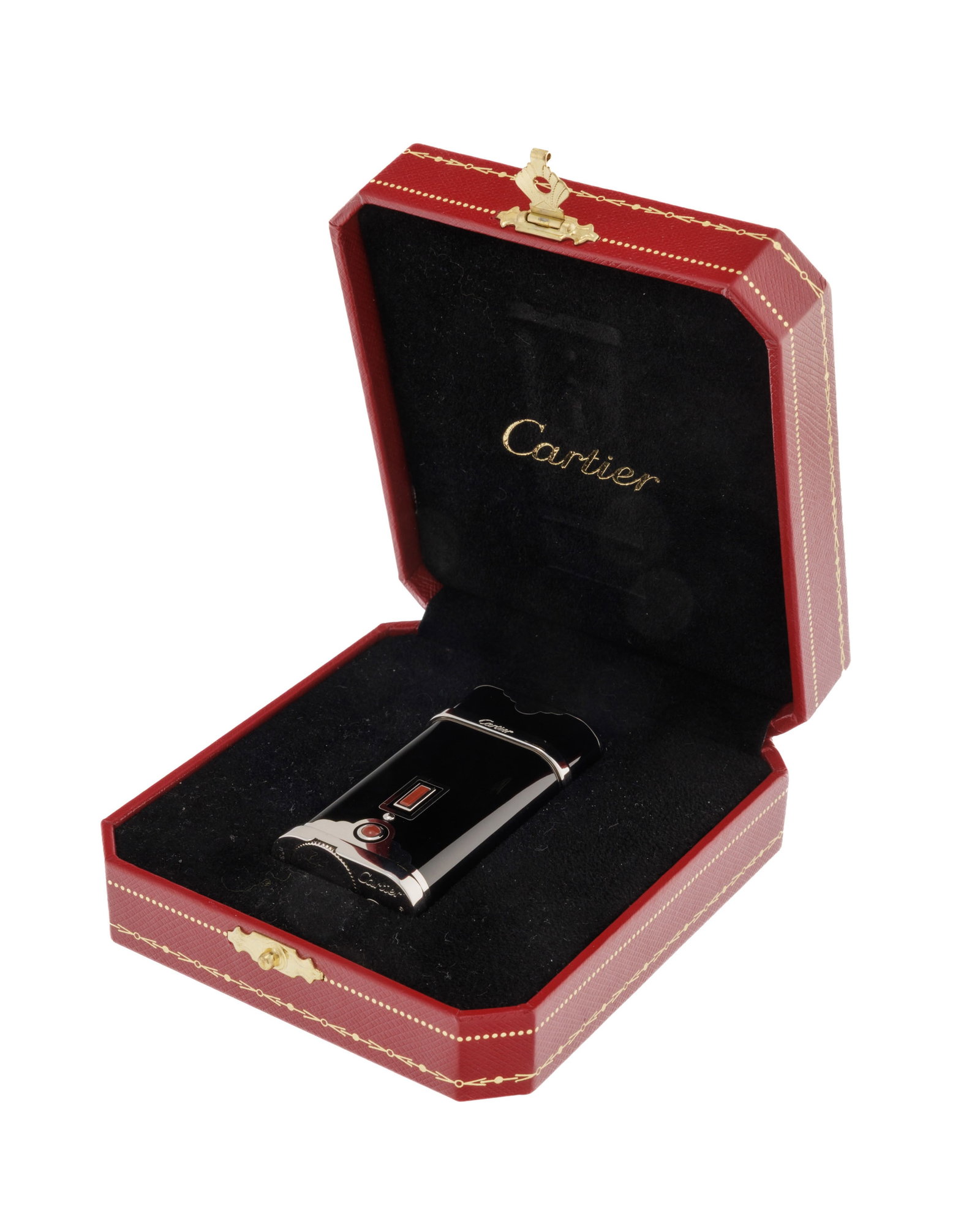 Cartier, briquet de style Art Déco en métal argenté et laque noire serti d'él - 4
