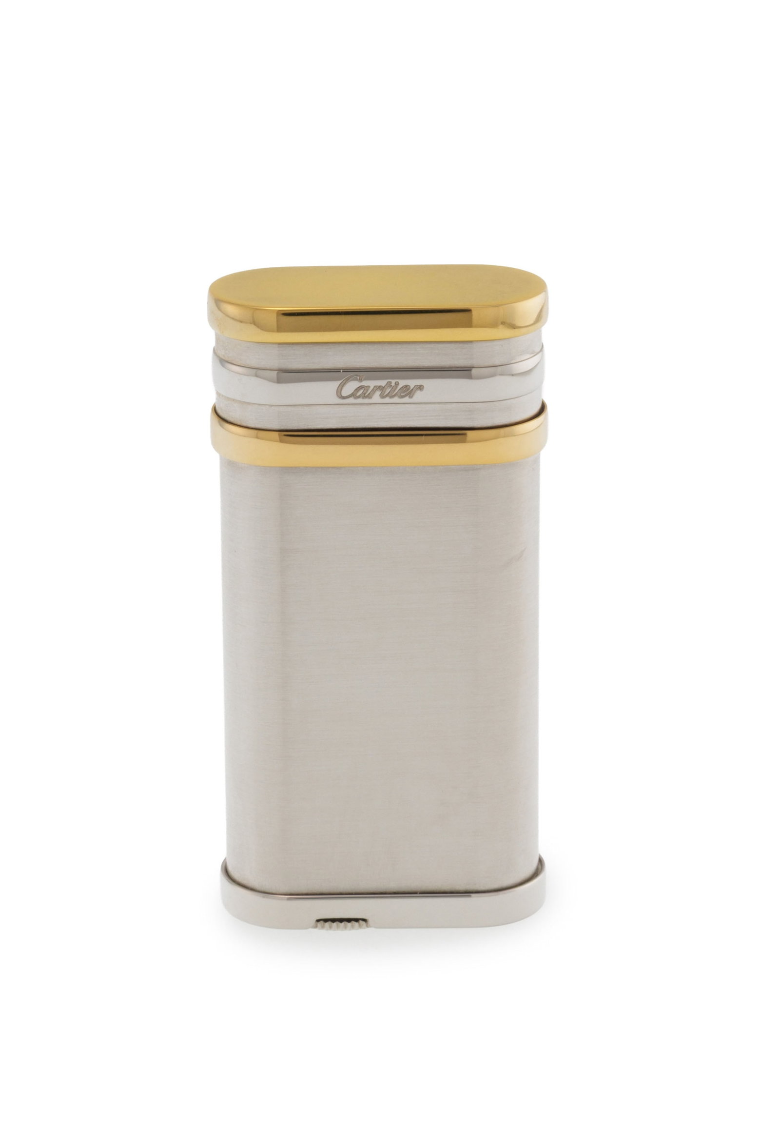 Cartier, briquet en métal doré et acier, signé, numéroté 265547, h. 6 cm, b: Cartier, briquet en métal doré et acier, signé, numéroté 265547, h. 6 cm, boîte