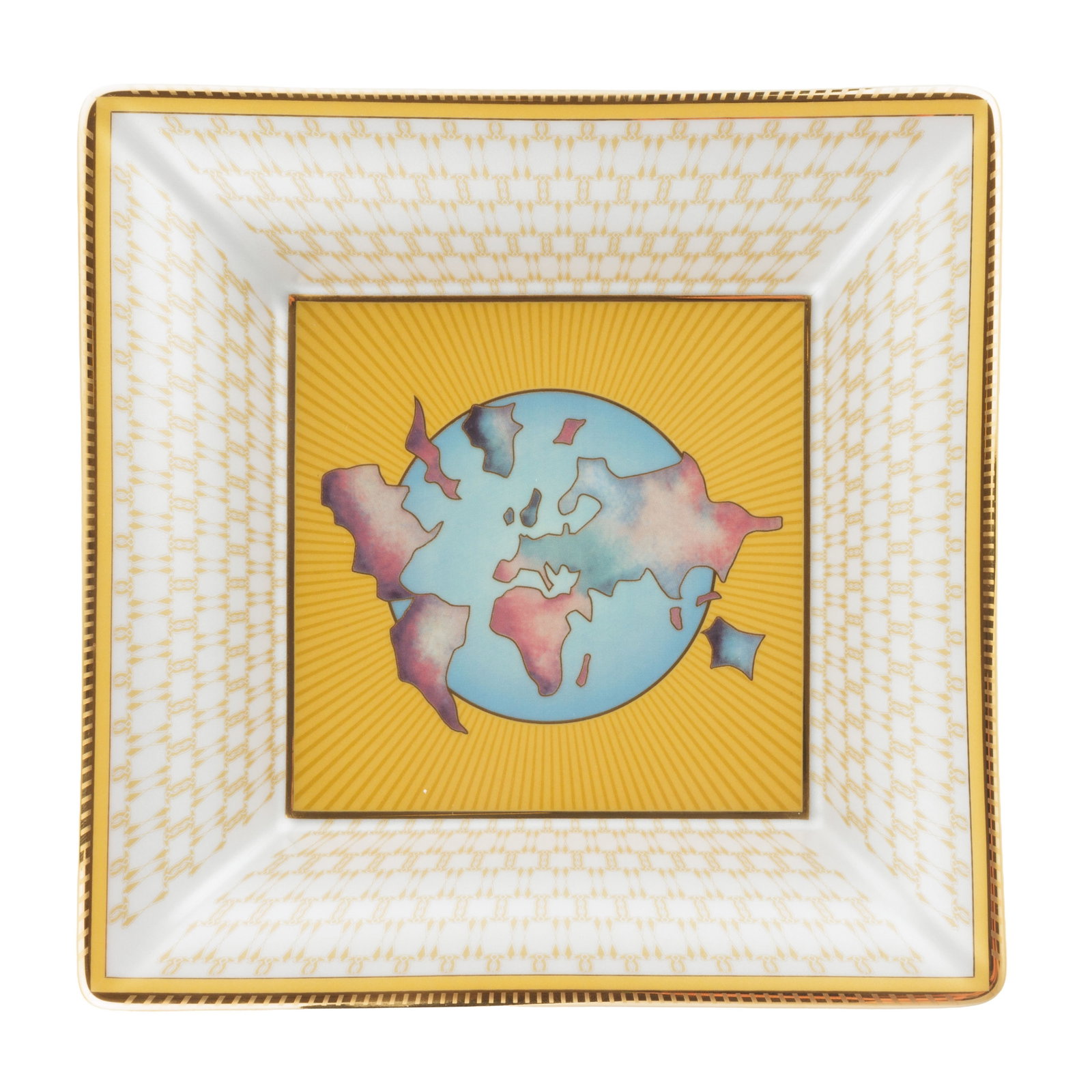 Patek Philippe, vide-poche en porcelaine de Limoges à décor imprimé reprenant les mot: Patek Philippe, vide-poche en porcelaine de Limoges à décor imprimé reprenant les motifs d'un cadran de montre de poche World Time réalisé en 1949, collection 2019, dim. 18.5
