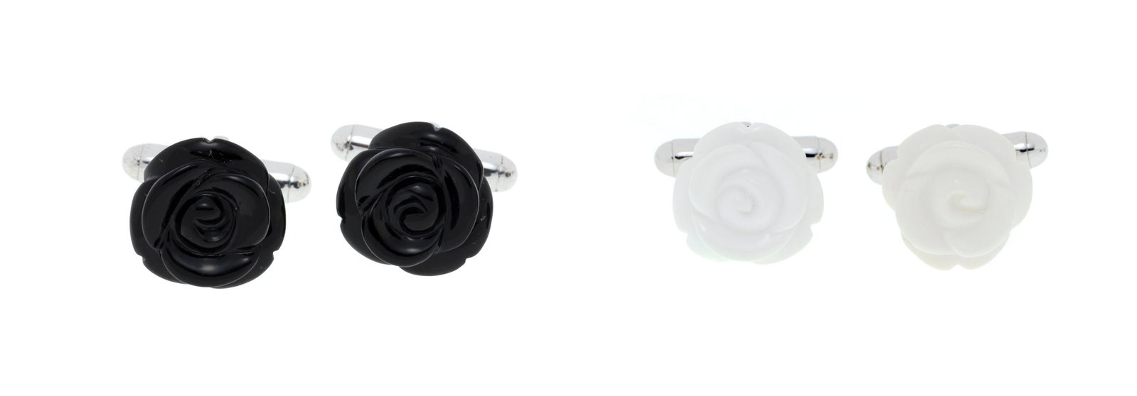 Mimi, lot de deux paires de boutons de manchette en argent ornés de roses en onyx et agate blan: Mimi, lot de deux paires de boutons de manchette en argent ornés de roses en onyx et agate blanche, signés, h. 1.3 cm Condition Très bon état général.