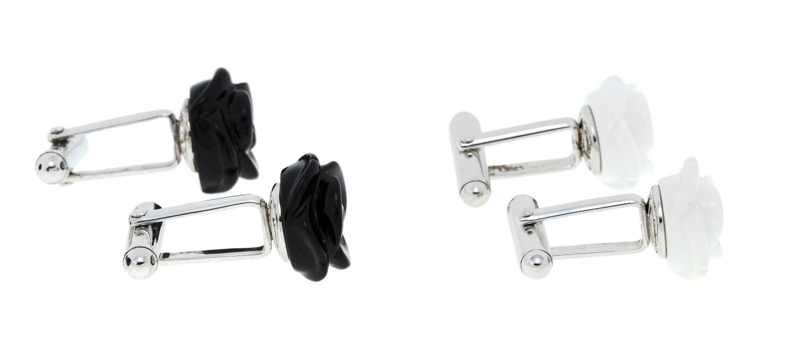 Mimi, lot de deux paires de boutons de manchette en argent ornés de roses en onyx et agate blan - 2