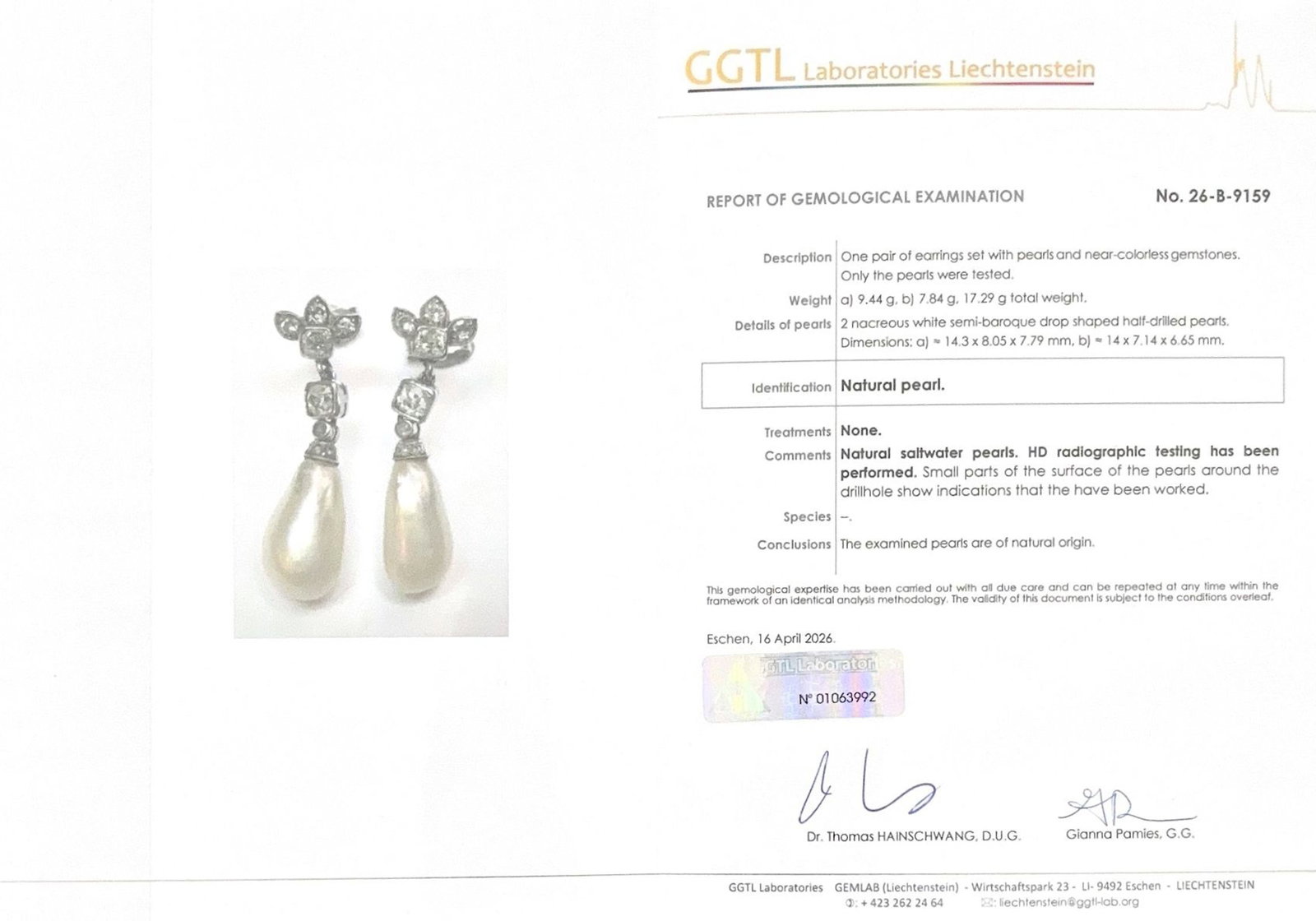 Paire de pendants d'oreilles début XXe s., en platine et or gris 750 sertis de diamants taille  - 6
