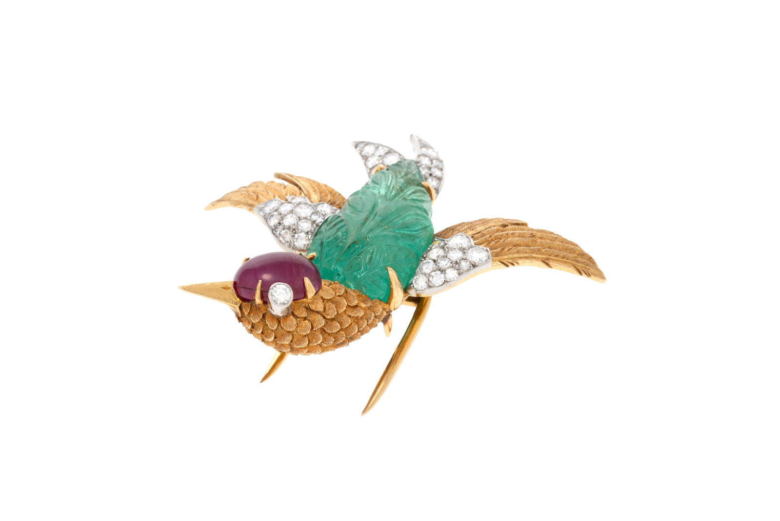 Cartier, broche oiseau circa 1950 or texturé stylisant le plumage et platine ornée d'une & - 4