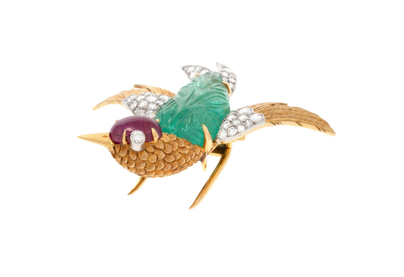 Cartier, broche oiseau circa 1950 or texturé stylisant le plumage et platine ornée d'une & - 5