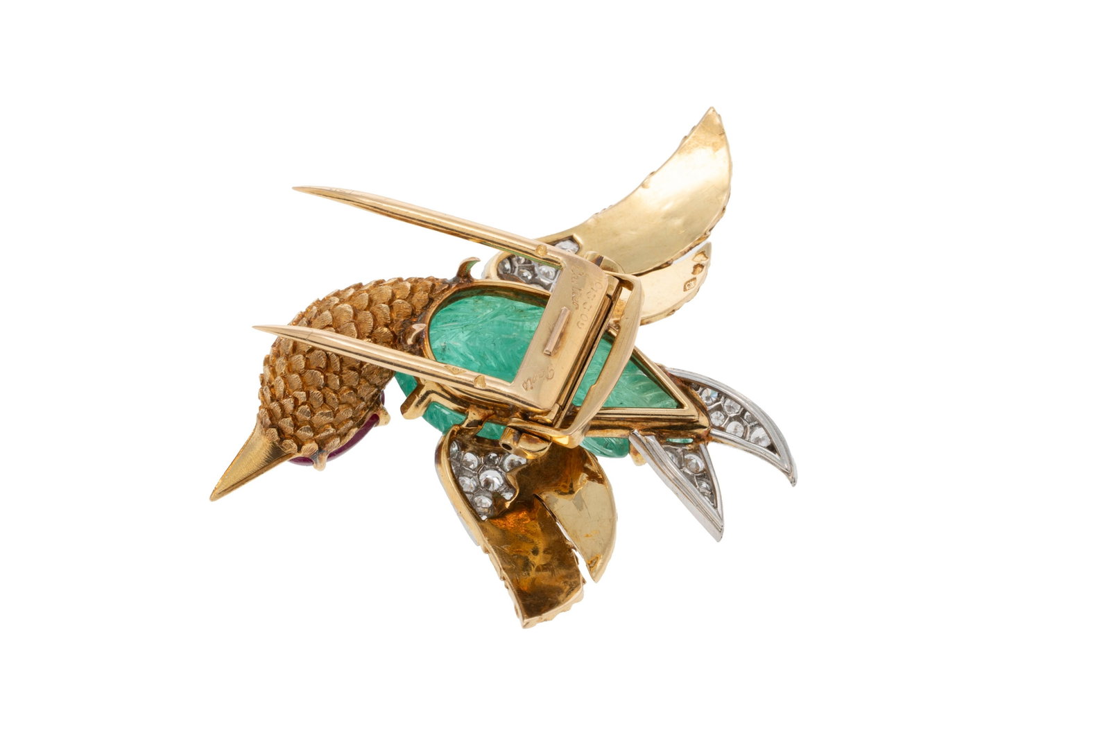 Cartier, broche oiseau circa 1950 or texturé stylisant le plumage et platine ornée d'une & - 6
