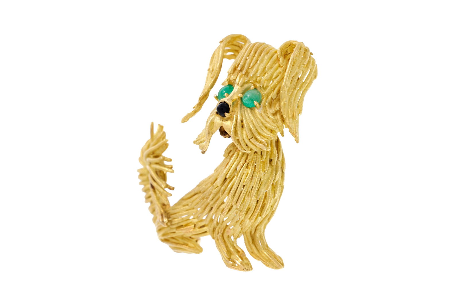 Broche chien formé d'un assemblage de fils d'or 750 texturés, la truffe en onyx et les yeu - 2