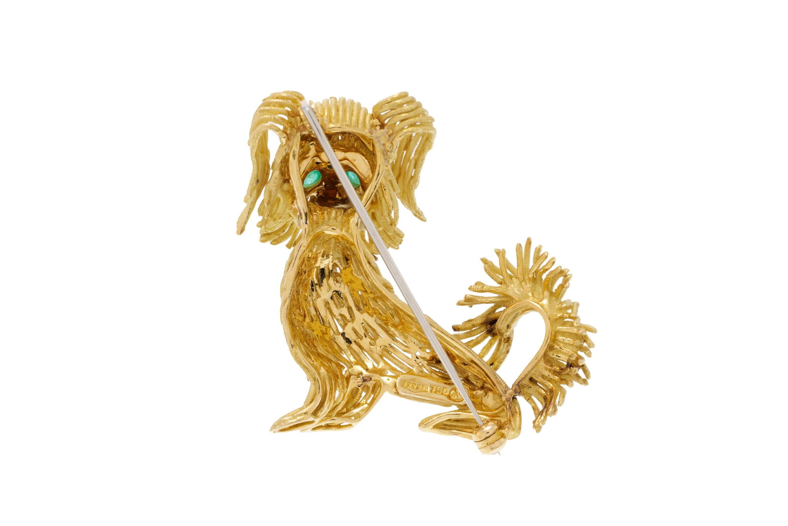Broche chien formé d'un assemblage de fils d'or 750 texturés, la truffe en onyx et les yeu - 3