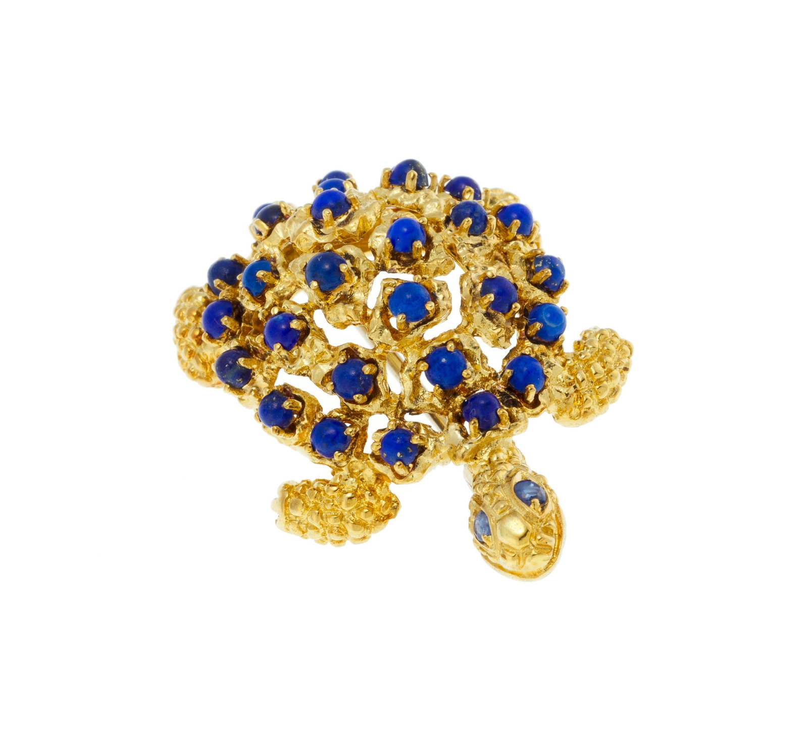 Emil Meister, broche tortue en or 750 texturé, la carapace sertie de cabochons de lapis-lazuli : Emil Meister, broche tortue en or 750 texturé, la carapace sertie de cabochons de lapis-lazuli et les yeux de saphirs taille ronde, signée, h. 4.2 cm, 13g Condition Monture: Bon état de