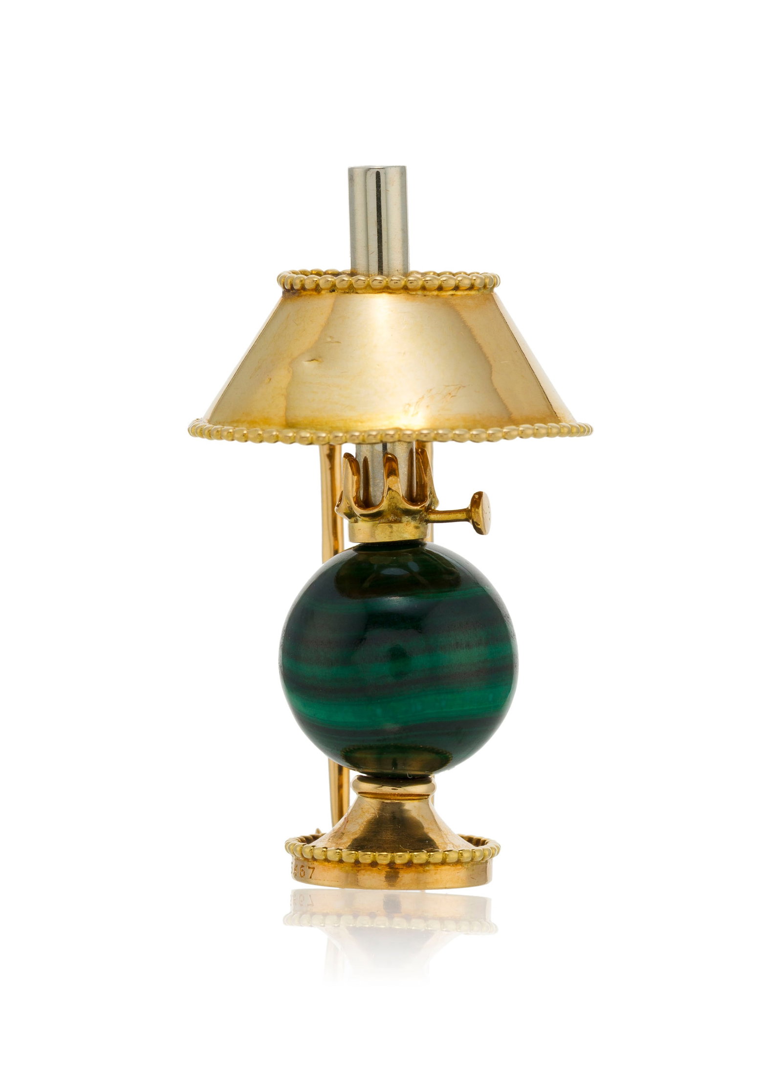 Mellerio, broche lampe à huile années 1940-50 2 ors 750 et bille de malachite, signée (1 of 4)