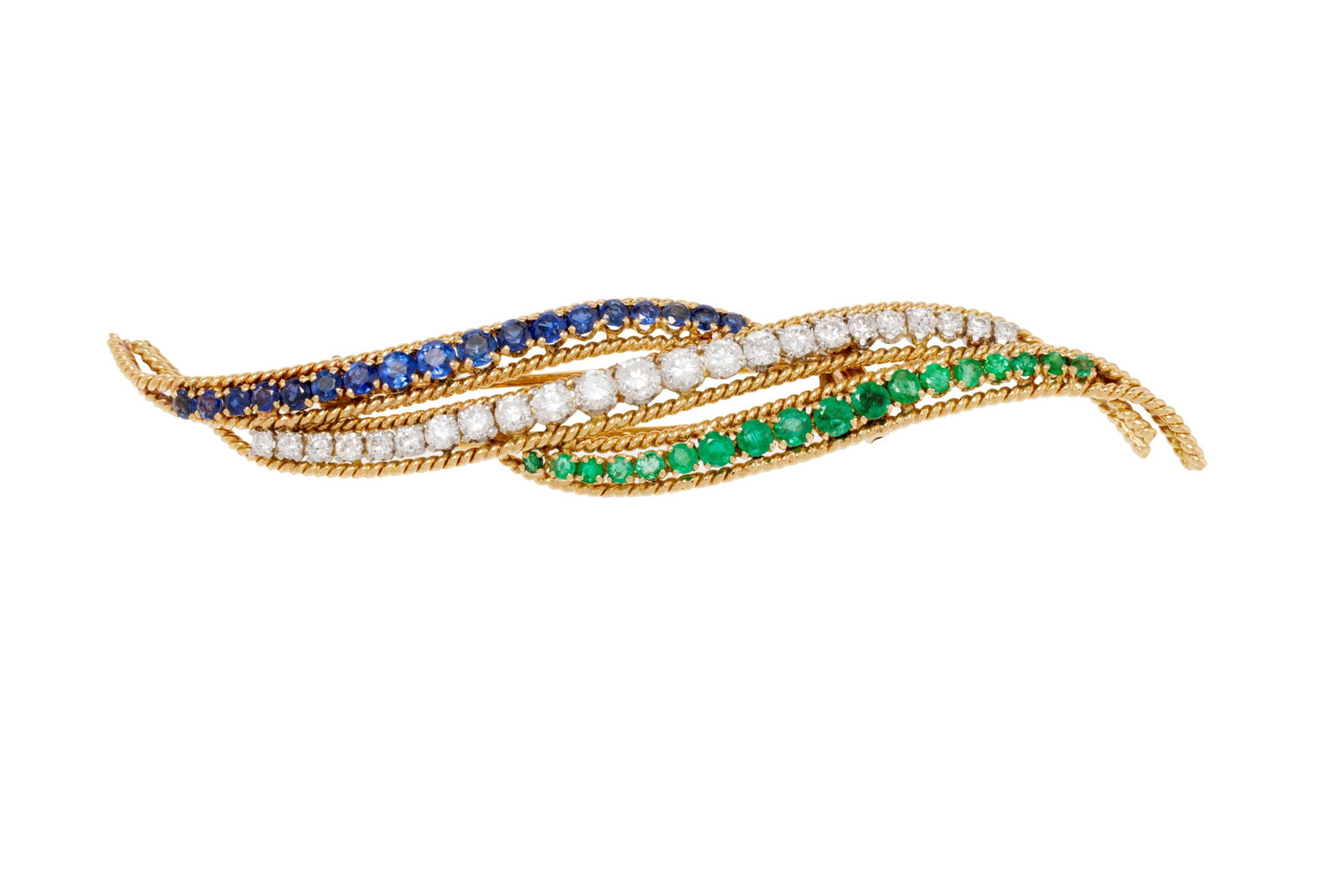 Van Cleef & Arpels, broche années 1960 or 750 et platine stylisant une feuille formée de f: Van Cleef & Arpels, broche années 1960 or 750 et platine stylisant une feuille formée de fils torsadés et de 3 rangées d'émeraudes, de saphirs et de diamants taille brillant,