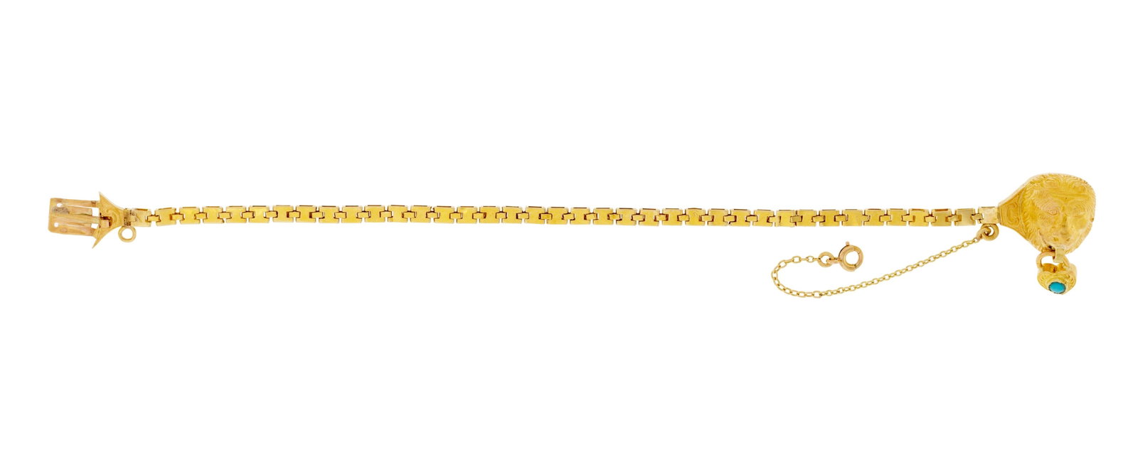 Bracelet XIXe s., or 750 centrant une tête de lion ciselée retenant un petit pendant serti (1 of 5)