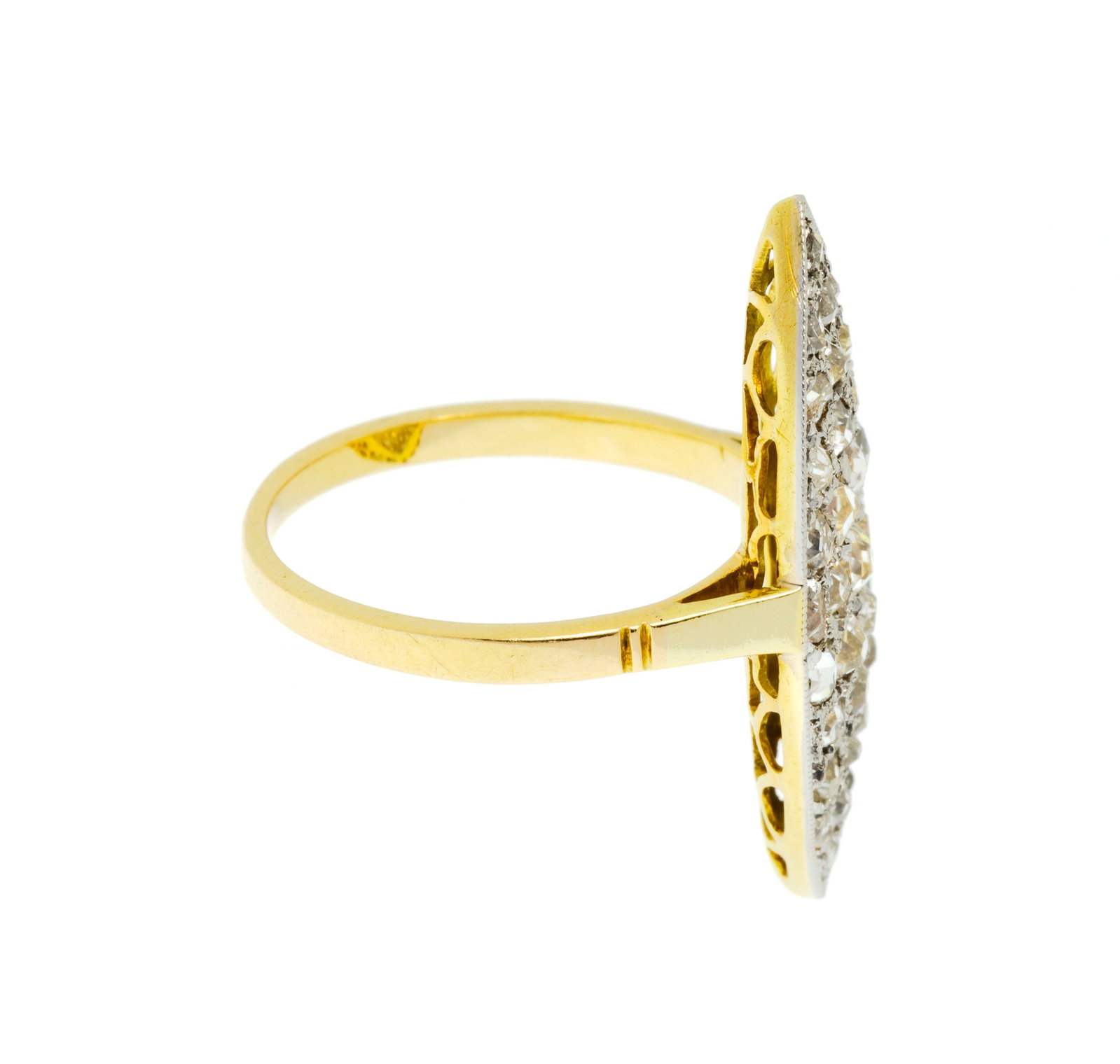 Bague marquise XIXe s., 2 ors 750 pavée de diamants taille rose et ancienne, doigt 46-6 - 2
