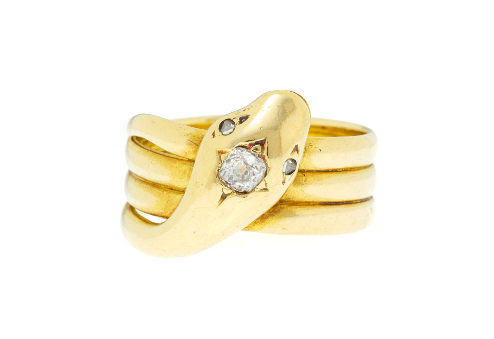 Bague XIXe s., or 750 figurant un serpent s'enroulant autour du doigt, la tête sertie de 3 diam (1 of 4)