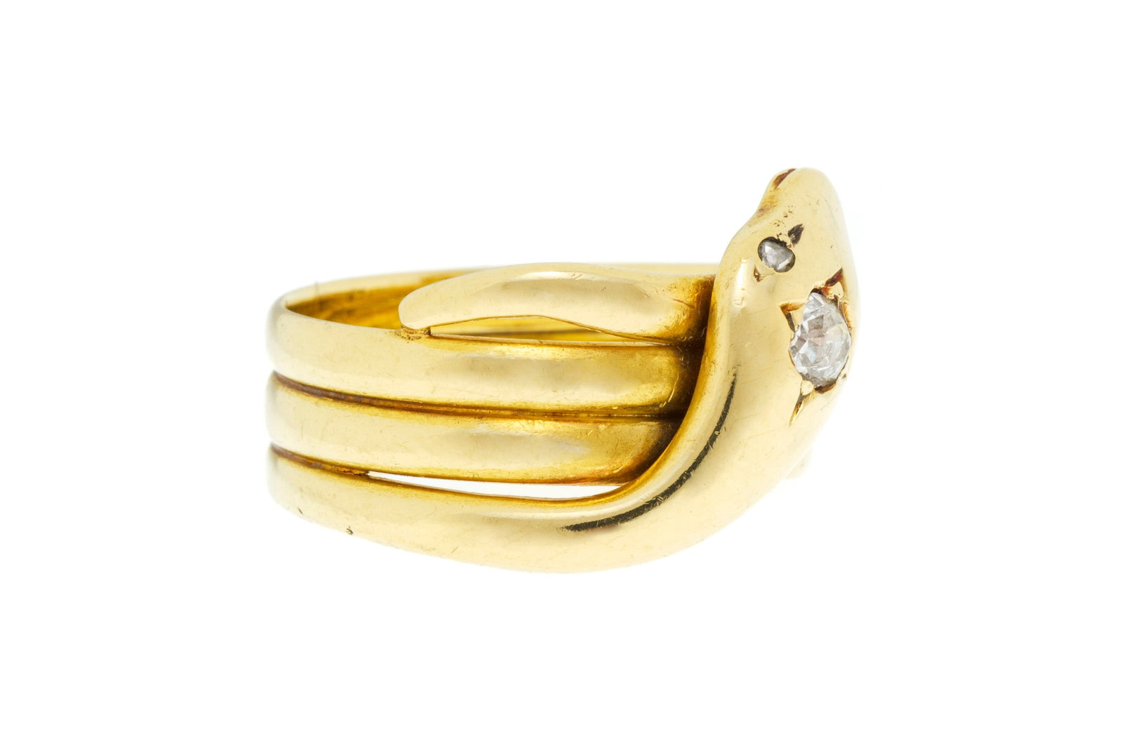 Bague XIXe s., or 750 figurant un serpent s'enroulant autour du doigt, la tête sertie de 3 diam - 2