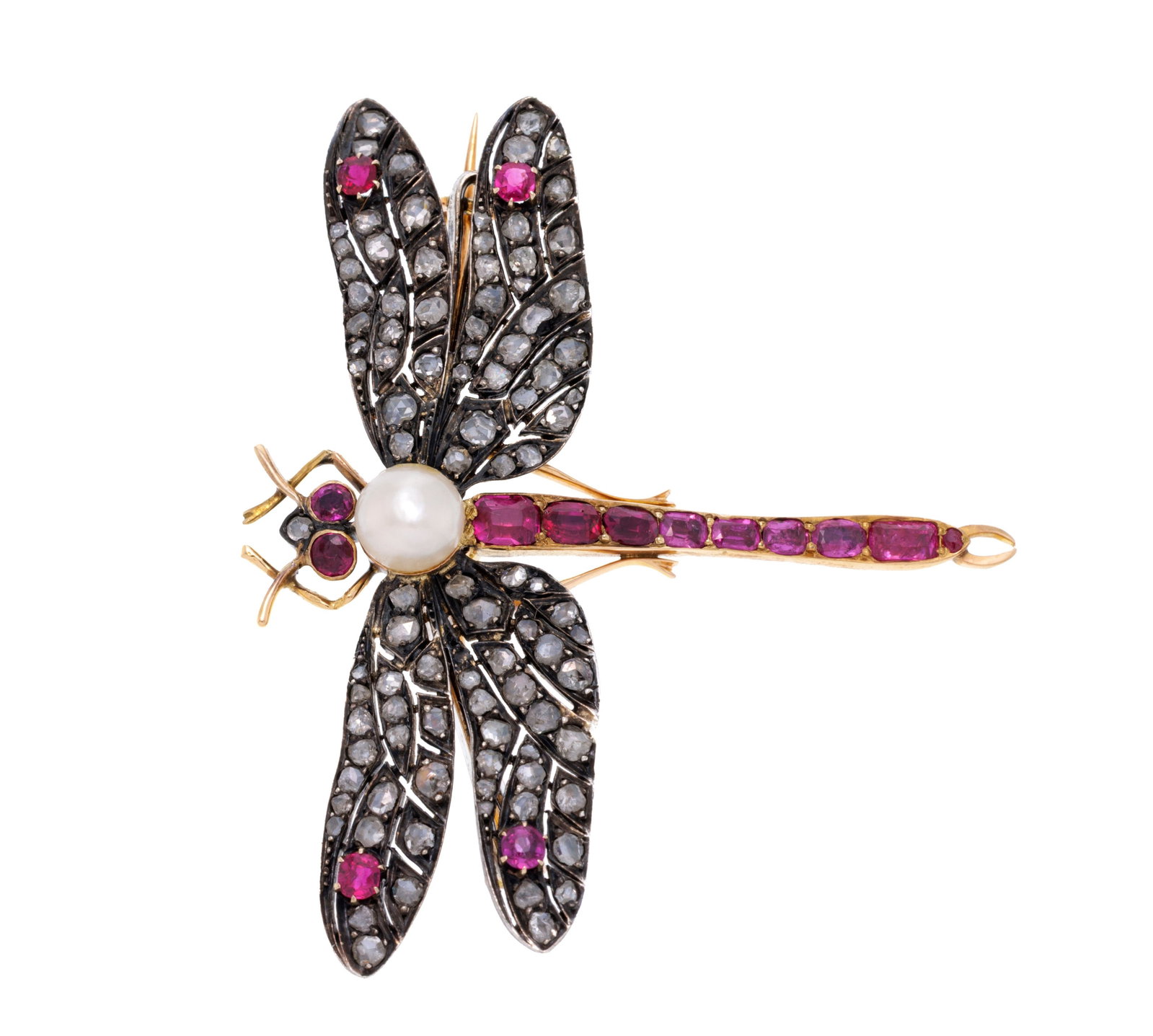 Broche libellule or 750 et argent noirci sertie de saphirs roses, de diamants taille rose et d'une p (1 of 4)