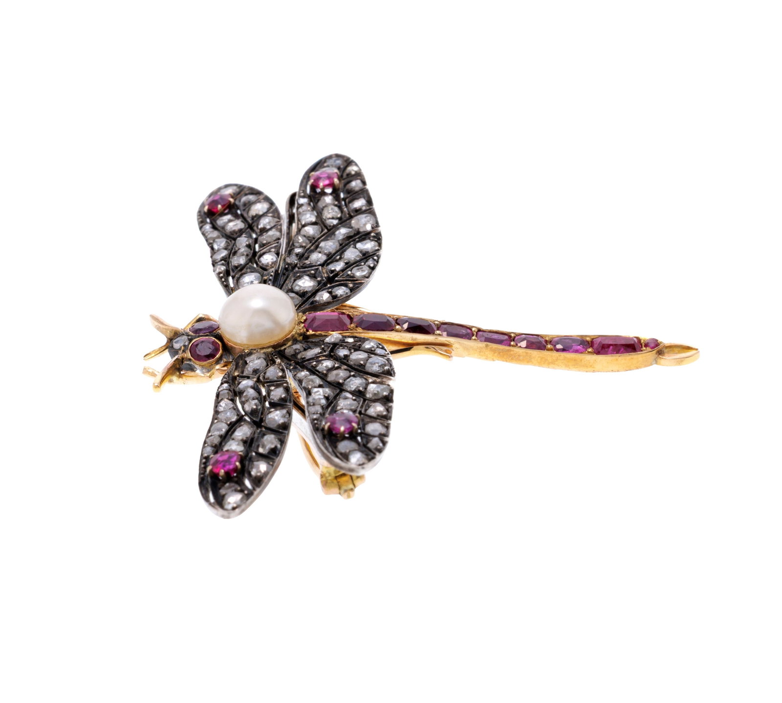 Broche libellule or 750 et argent noirci sertie de saphirs roses, de diamants taille rose et d'une p - 2