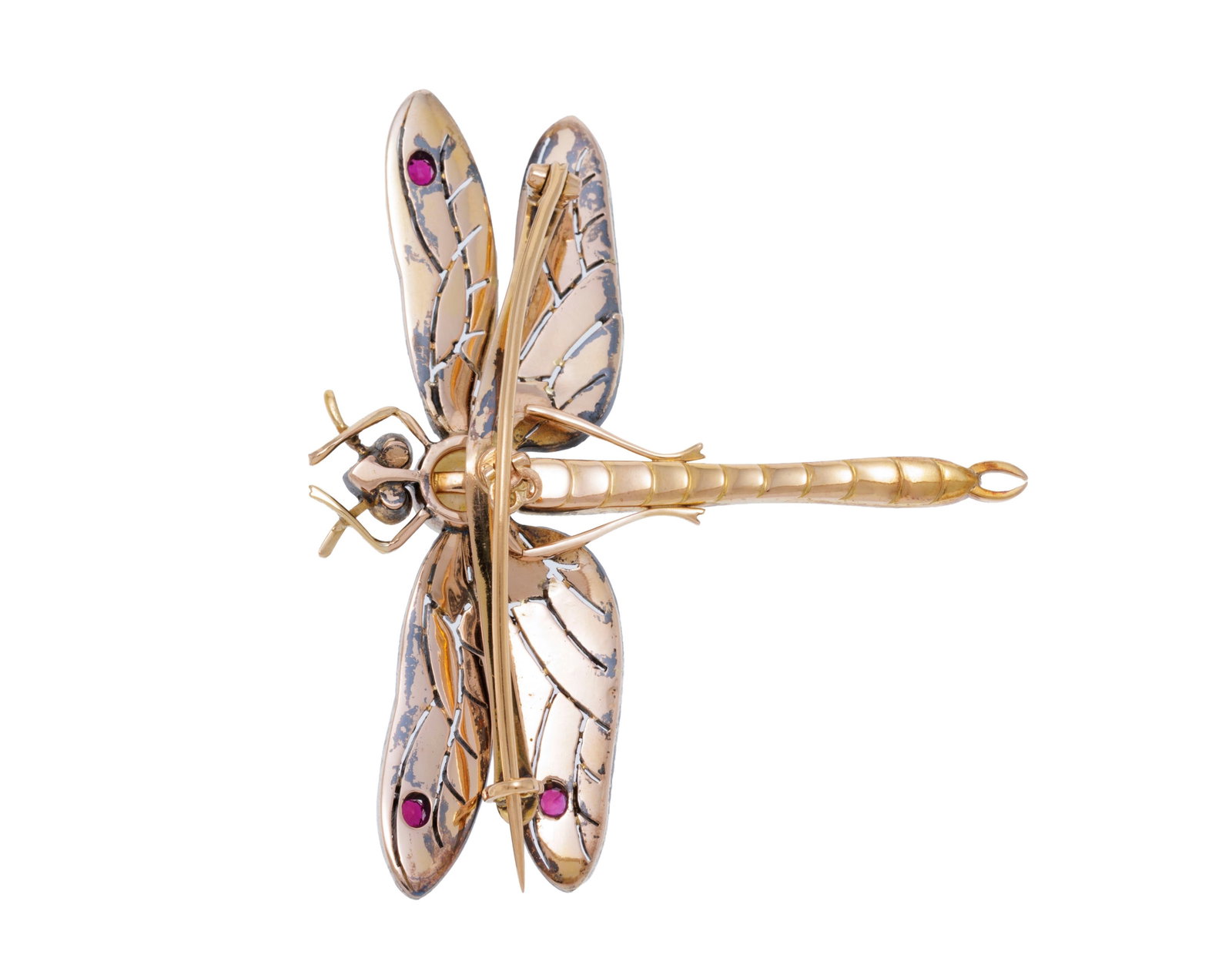 Broche libellule or 750 et argent noirci sertie de saphirs roses, de diamants taille rose et d'une p - 3