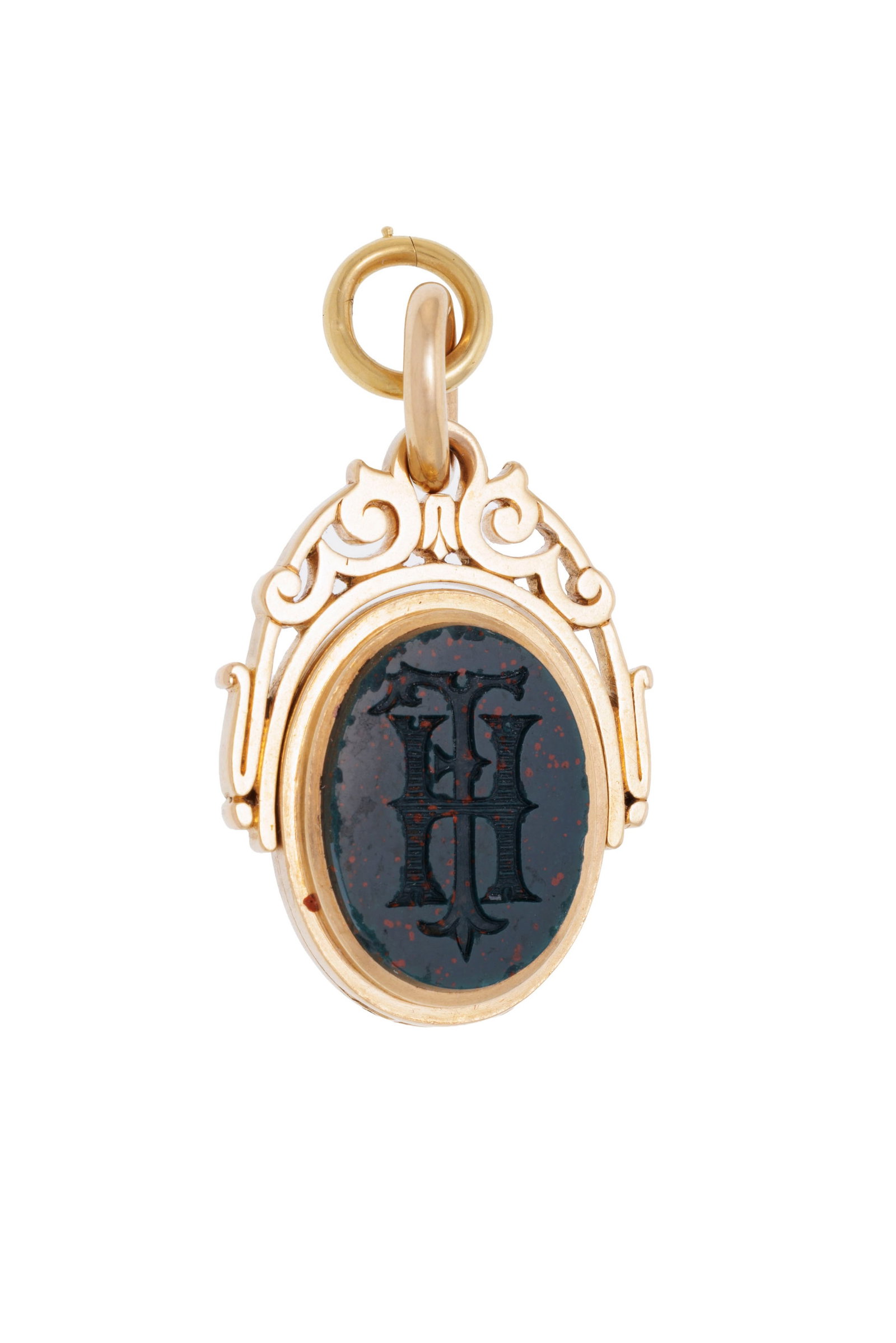Pendentif-médaillon à sceaux XIXe s., or 750 orné de deux intailles sur onyx et jaspe: Pendentif-médaillon à sceaux XIXe s., or 750 orné de deux intailles sur onyx et jaspe sanguin représentant des armoiries et un monogramme, pouvant s'ouvrir pour dévoiler un pe