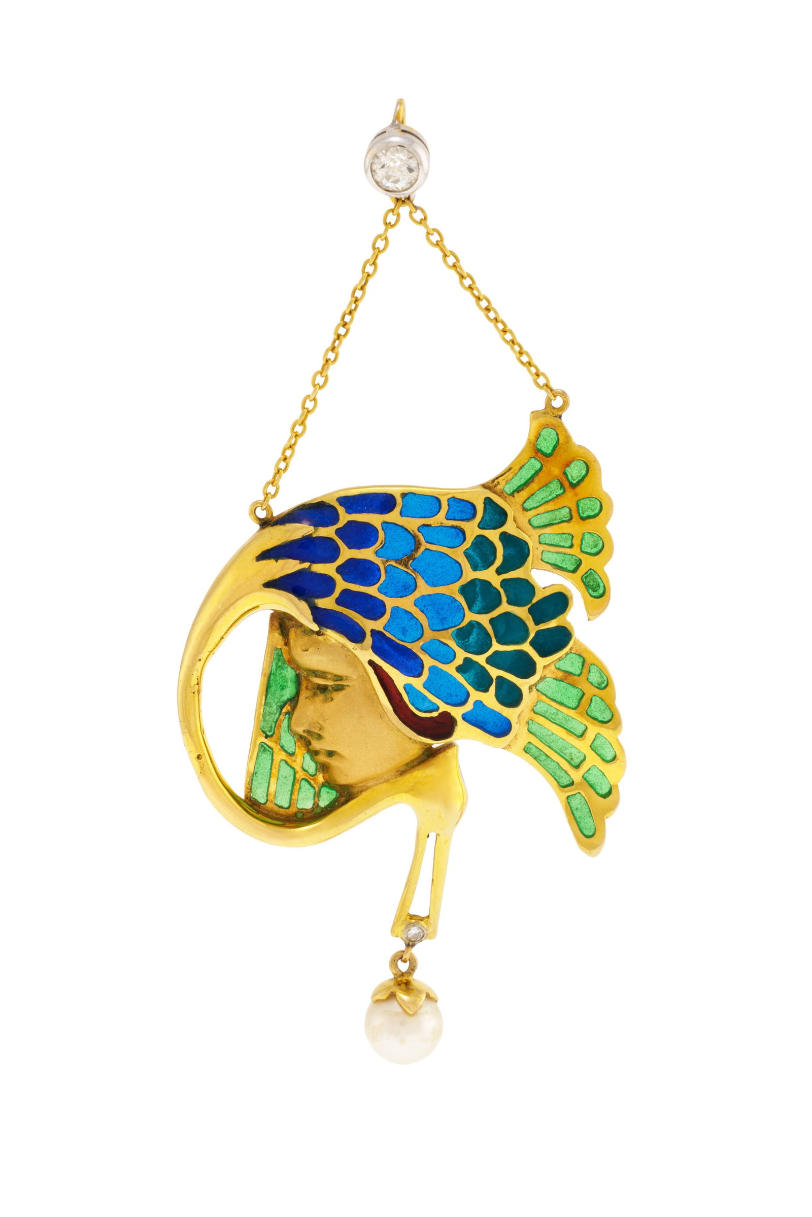 Pendentif de style Art Nouveau en or 750 figurant un profil féminin ainsi qu'une cigogne aux ai: Pendentif de style Art Nouveau en or 750 figurant un profil féminin ainsi qu'une cigogne aux ailes émaillées en plique-à-jour, serti de deux diamants taille brillant et retenant