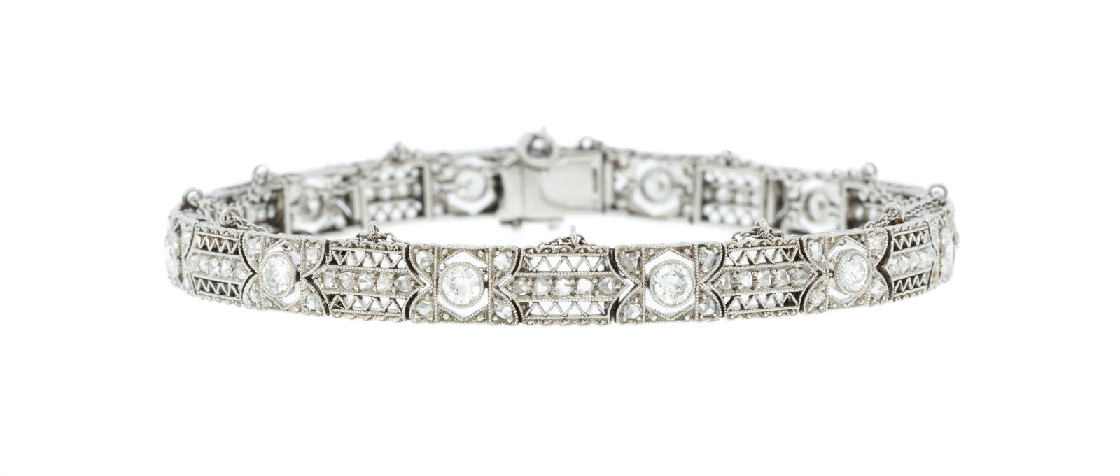 Bracelet Belle Epoque en platine et or gris 750 articulé de maillons s'imbriquant les uns dans  (1 of 4)