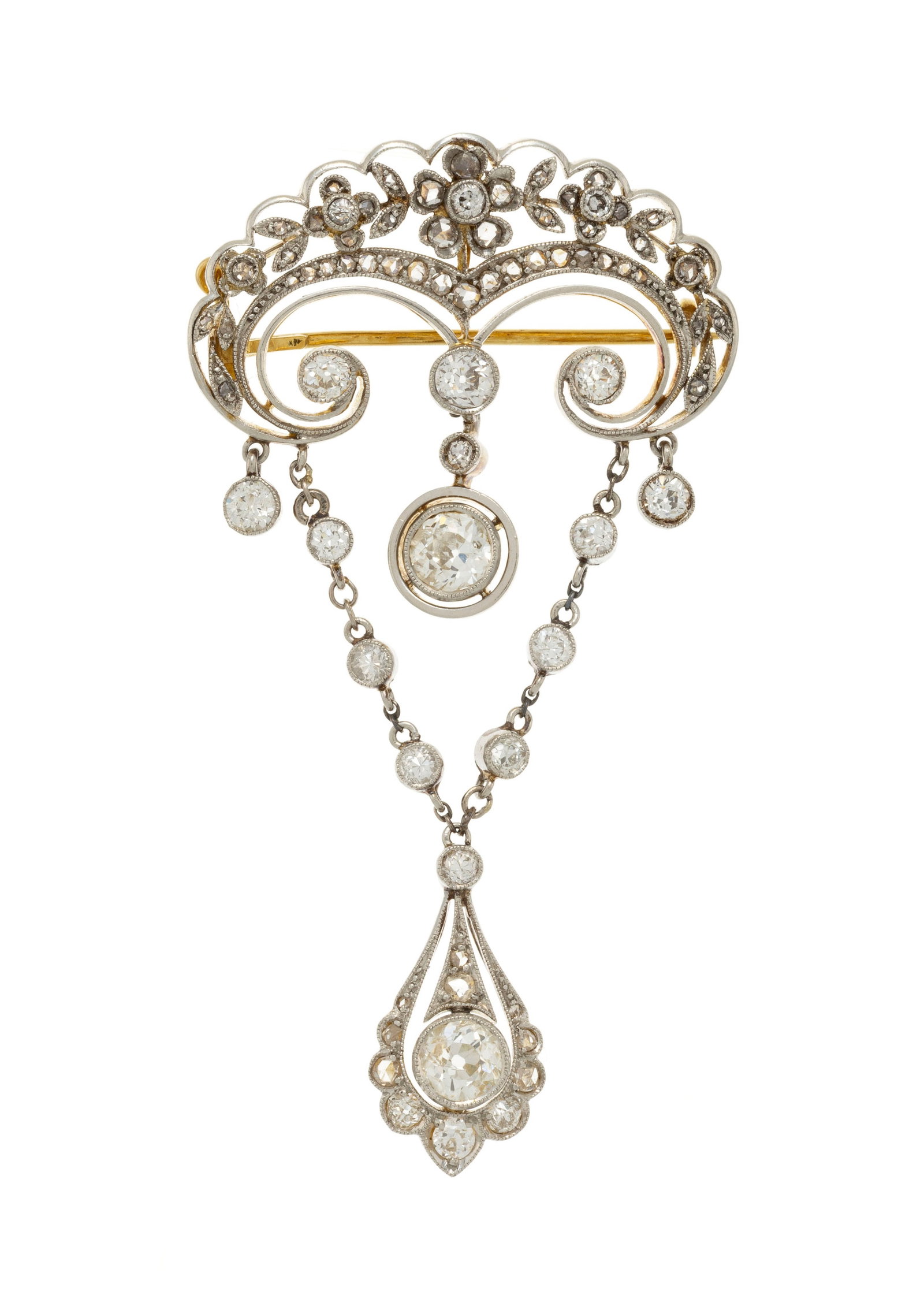Broche-pendentif Belle Epoque 2 ors 750 ajouré d'une guirlande et retenant des pampilles sertie (1 of 4)