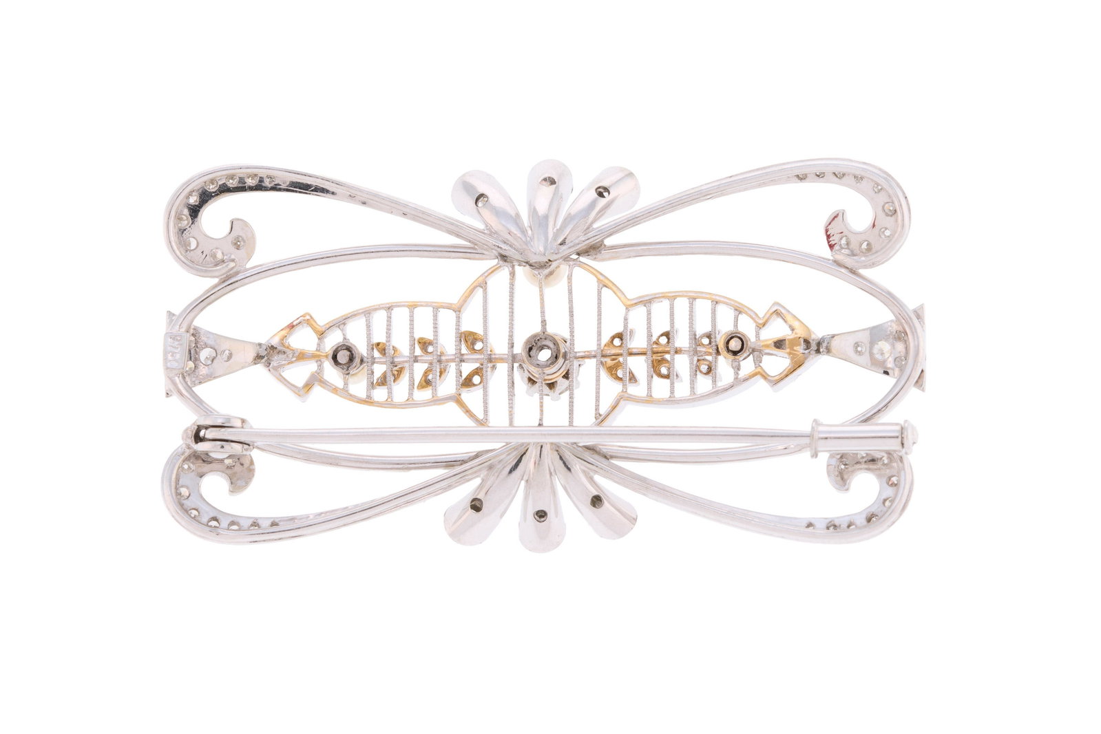 Broche Belle Époque or gris 750 ajouré sertie de diamants taille brillant et 8/8 ainsi que - 3