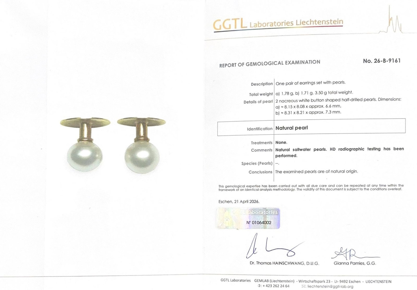 Paire de boutons de chemise en or 750 ornés de deux perles boutons naturelles d'eau de mer selo - 2