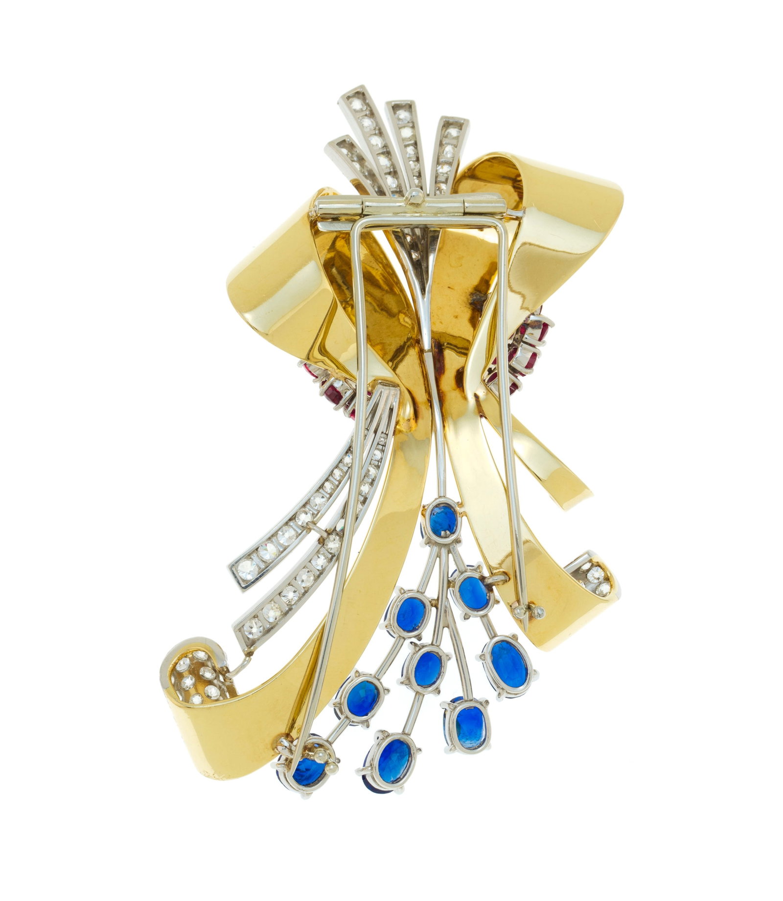 Broche années 1940-50 2 ors 750 à décor de rubans sertie de saphirs ovales ainsi que  - 3