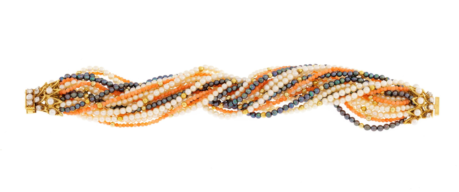 Bracelet multi-rangs de perles de culture blanches et noires et de billes de corail alternés de (1 of 4)