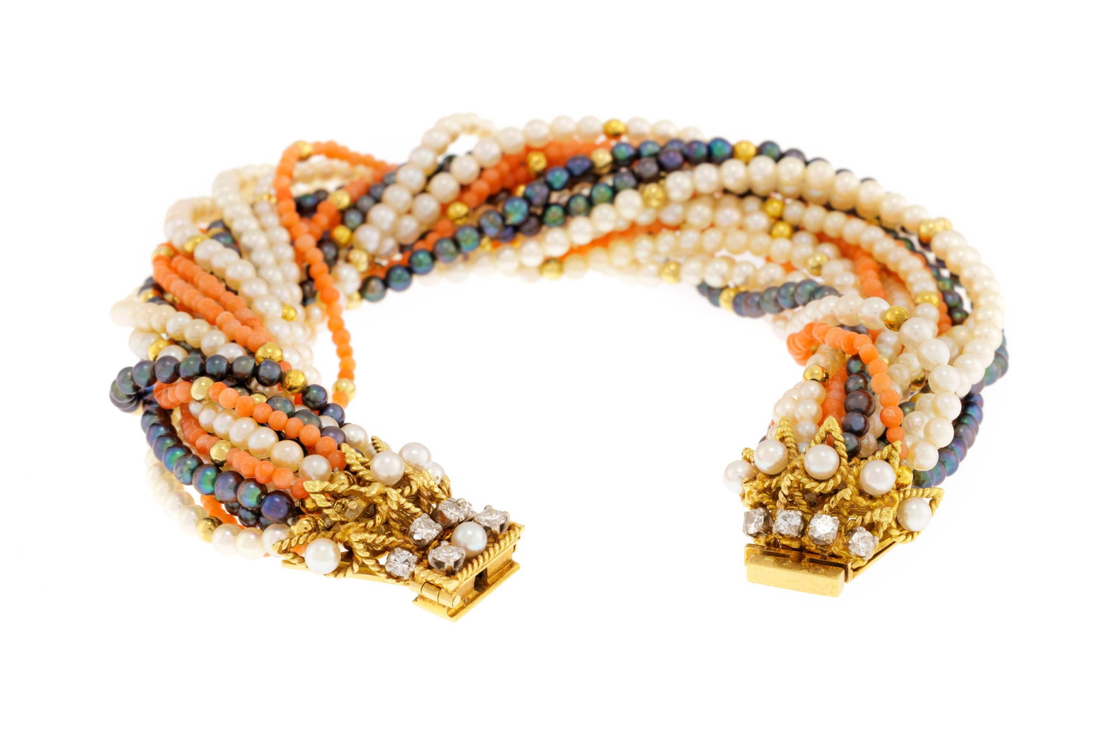 Bracelet multi-rangs de perles de culture blanches et noires et de billes de corail alternés de - 2
