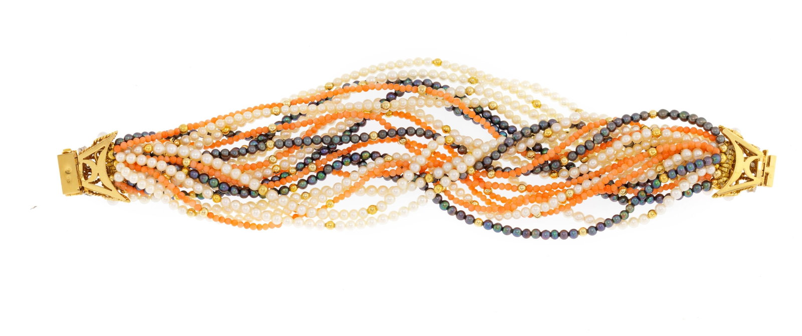 Bracelet multi-rangs de perles de culture blanches et noires et de billes de corail alternés de - 3