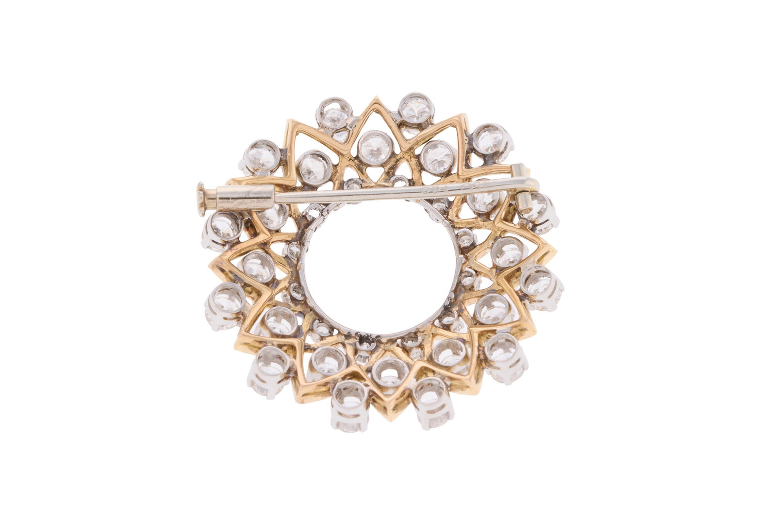 Broche rosace années 1950-60 2 ors 750 ajourés, sertie de diamants taille brillant et 8/8, - 3