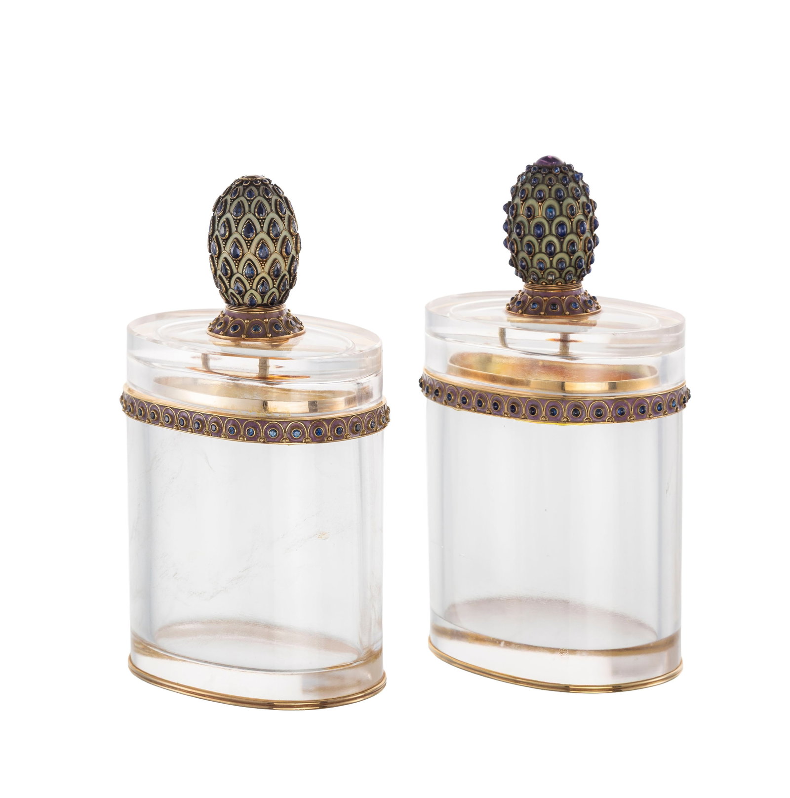 Paire de flacons en cristal de roche avec cerclages en or 750, les prises pommes de pin en or et arg (1 of 4)
