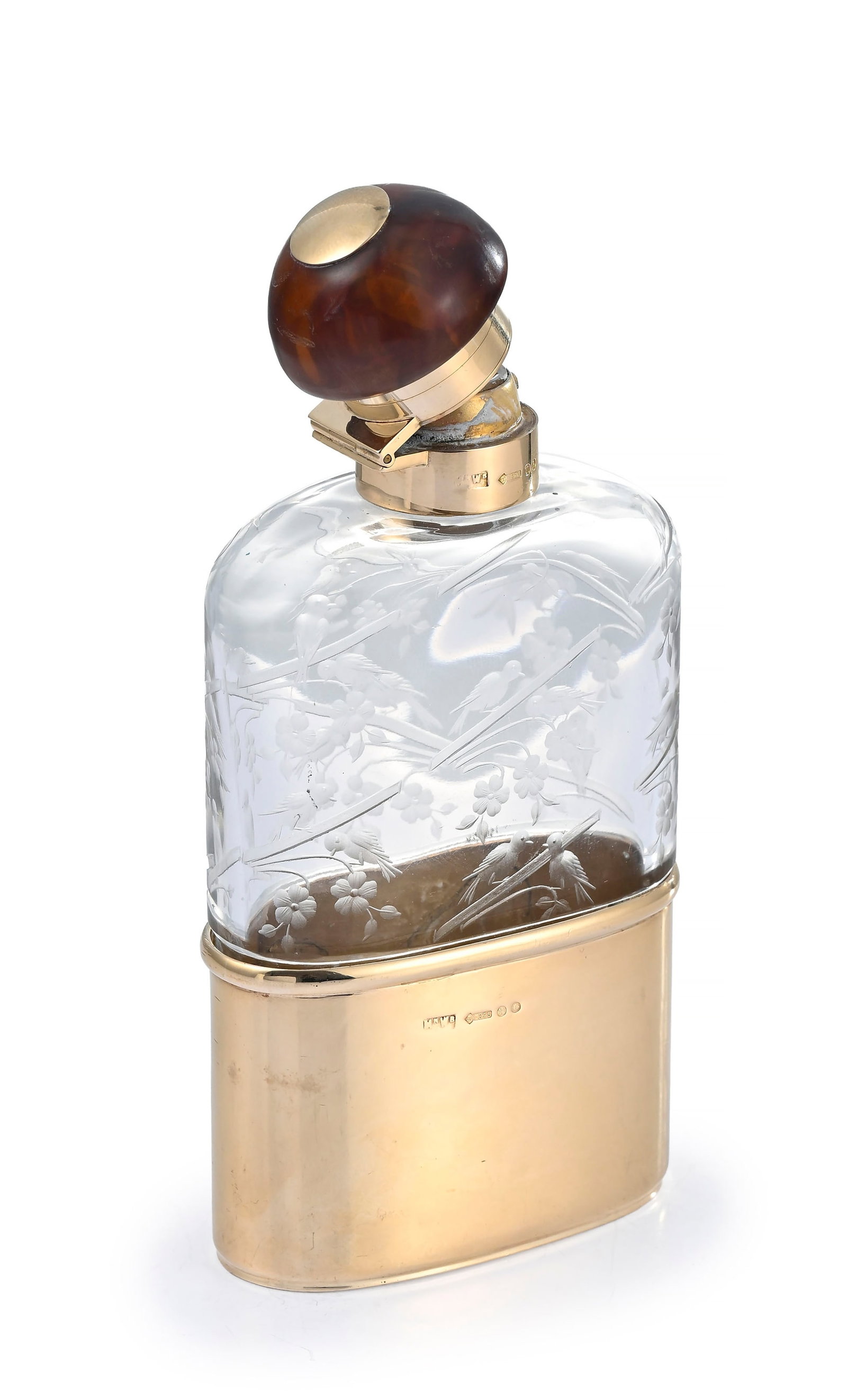 Flacon en verre avec monture en or, Mappin & Webb, Londres, au décor ciselé et givré  - 3