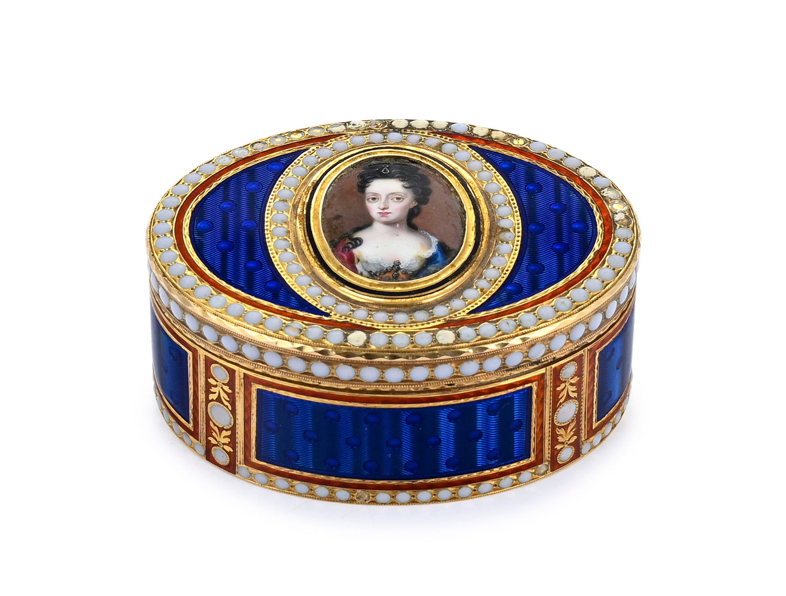 Tabatière ovale en or et émail surmontée d'un portrait en miniature en émail ple - 5