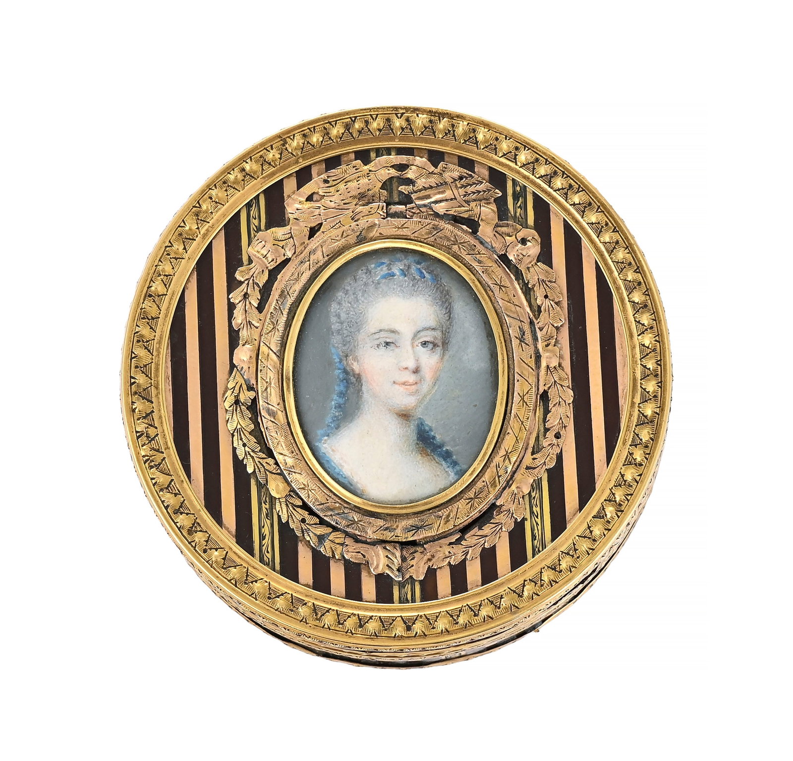Boîte ronde en écaille avec monture en or, centrée d'un portrait de dame, Louis XVI,  - 3