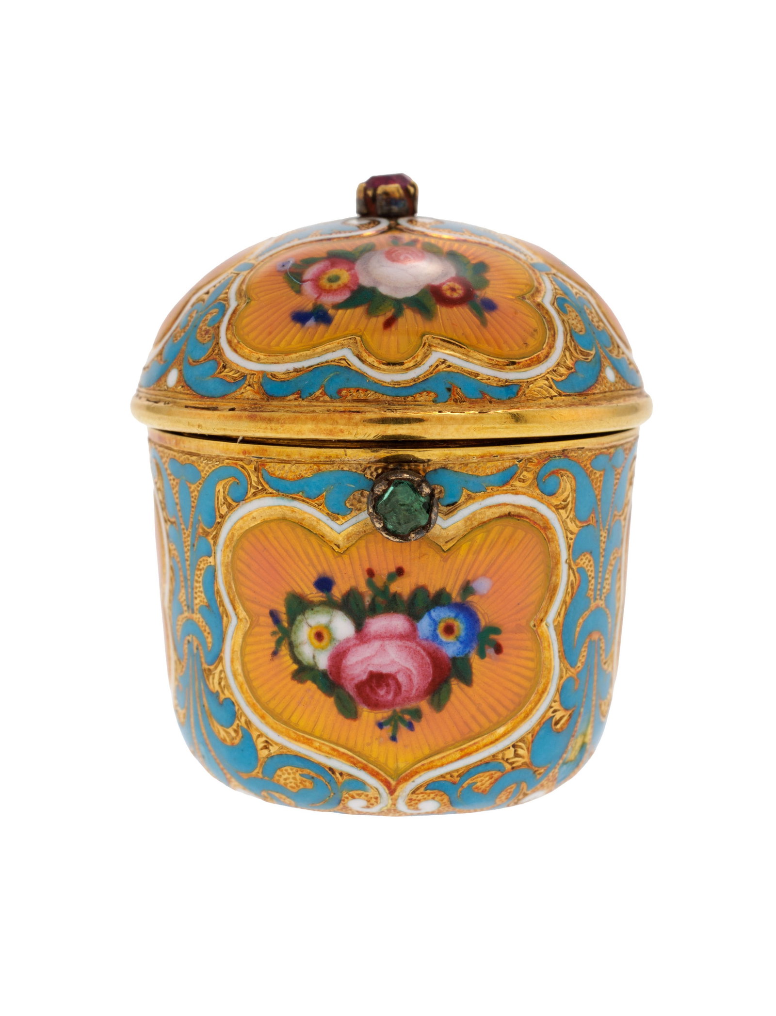 Vinaigrette or 750 entièrement émaillée au décor de fleurs sertie d’un rub: Vinaigrette or 750 entièrement émaillée au décor de fleurs sertie d’un rubis et d’une émeraude, XIXe s., h. 2.8 cm, 12g
