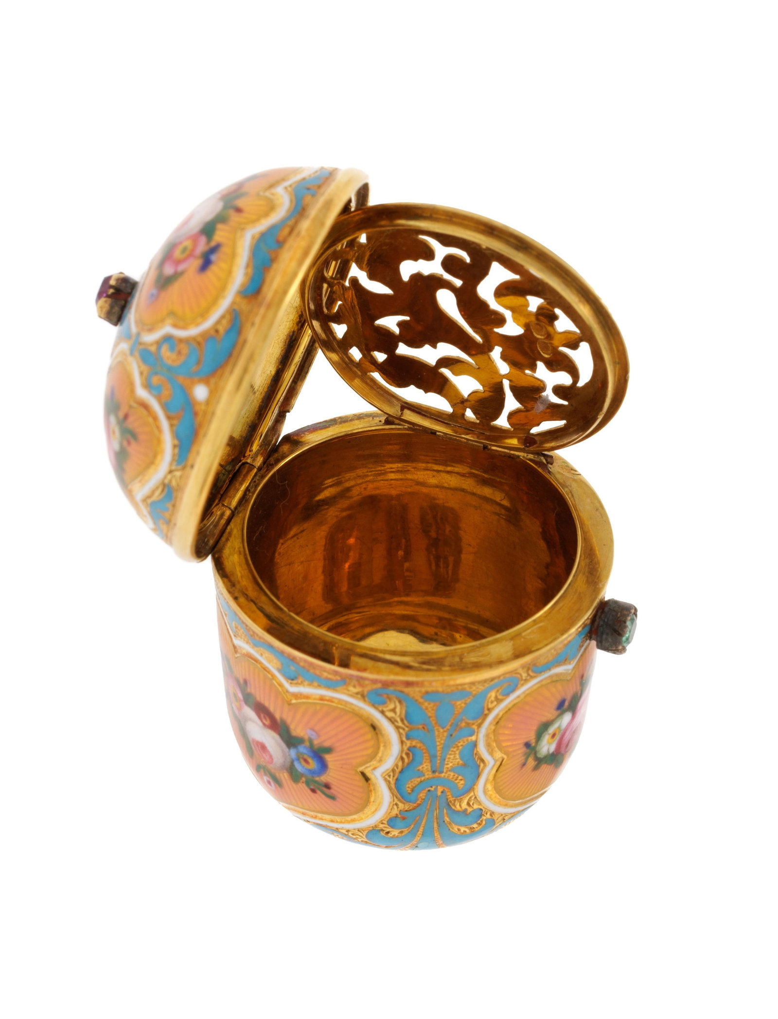 Vinaigrette or 750 entièrement émaillée au décor de fleurs sertie d’un rub - 3
