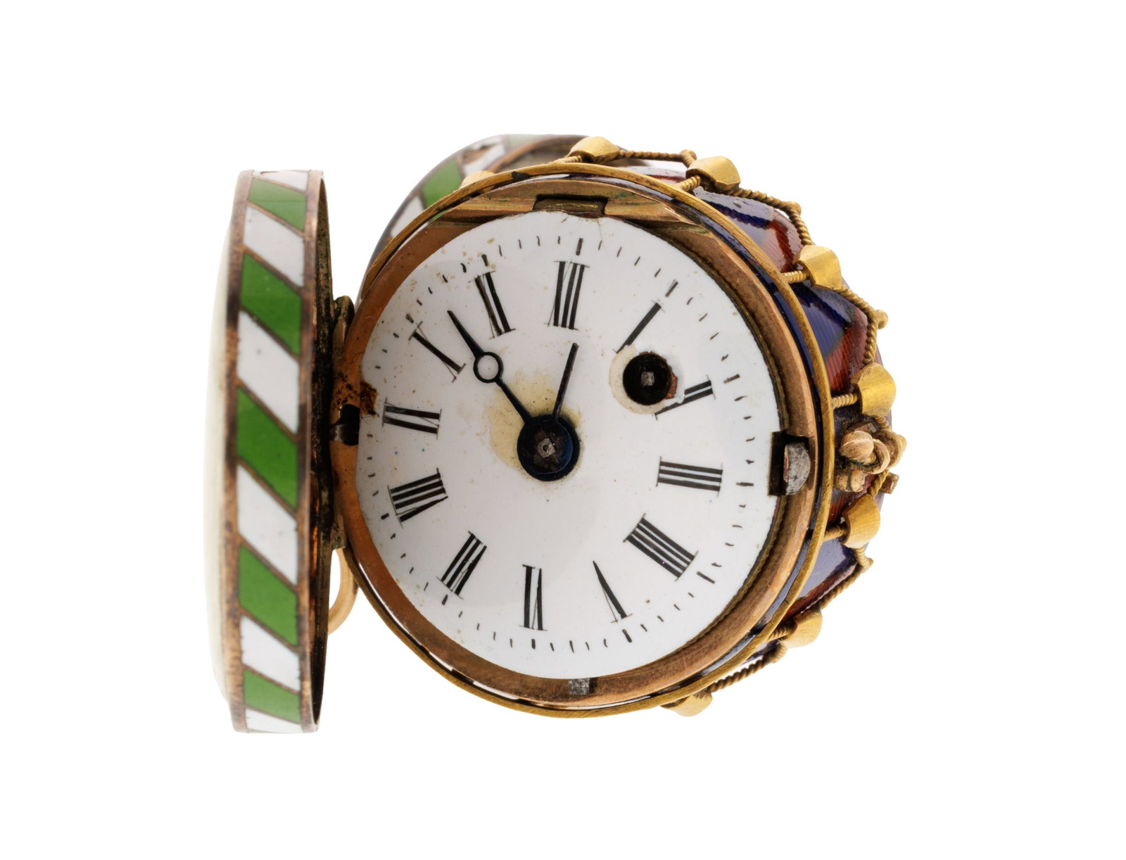 Montre et vinaigrette en forme de tambour en or, argent, laiton et émail polychrome, XIXe s.  (1 of 6)