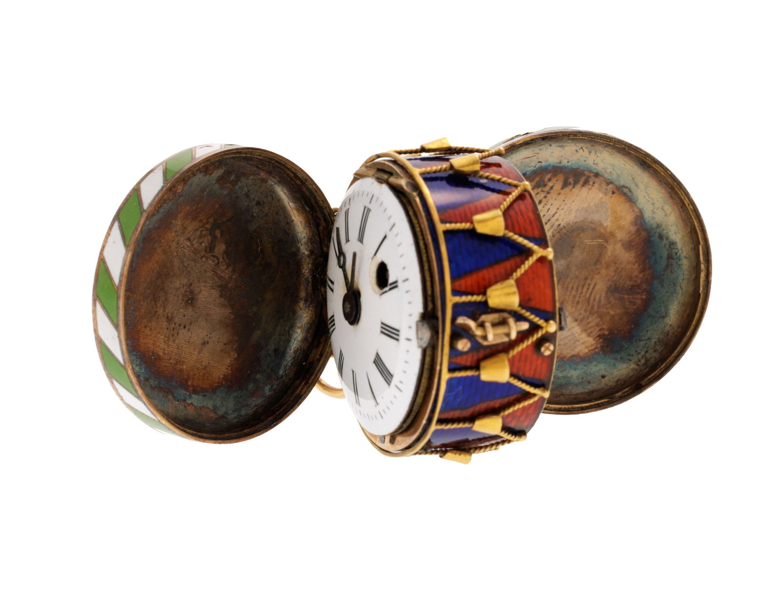 Montre et vinaigrette en forme de tambour en or, argent, laiton et émail polychrome, XIXe s.  - 3