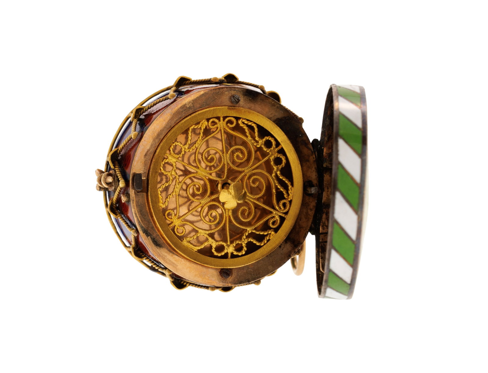 Montre et vinaigrette en forme de tambour en or, argent, laiton et émail polychrome, XIXe s.  - 4