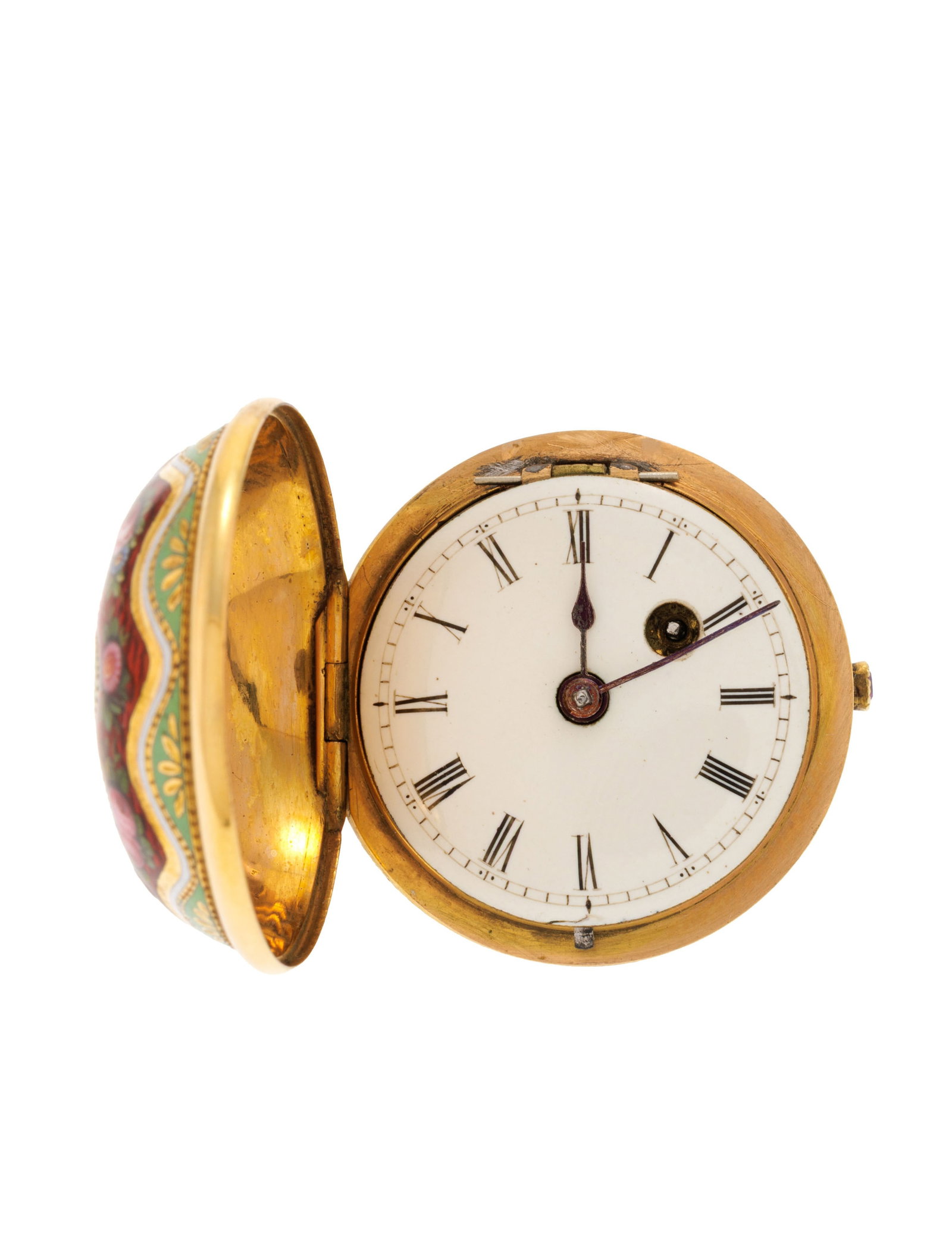 Montre miniature à coq en or entièrement émaillée à motifs floraux et serti: Montre miniature à coq en or entièrement émaillée à motifs floraux et sertie de deux rubis, XIXe s. Mouvement: mécanique, n°1424 Boîtier: diam. 27 mm Poids: