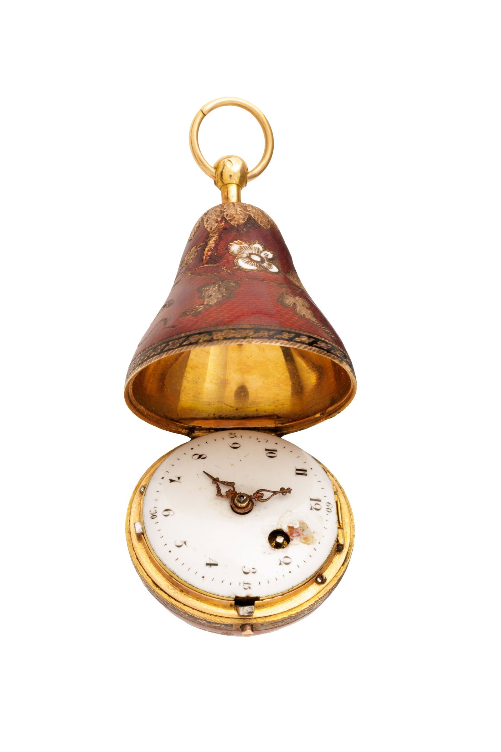 Montre pendentif à coq en forme de poire en or 750 et argent entièrement émaillé: Montre pendentif à coq en forme de poire en or 750 et argent entièrement émaillée de motifs floraux, fin XVIIIe, début XIXe s. Mouvement: mécanique Boîtier: dim. 43