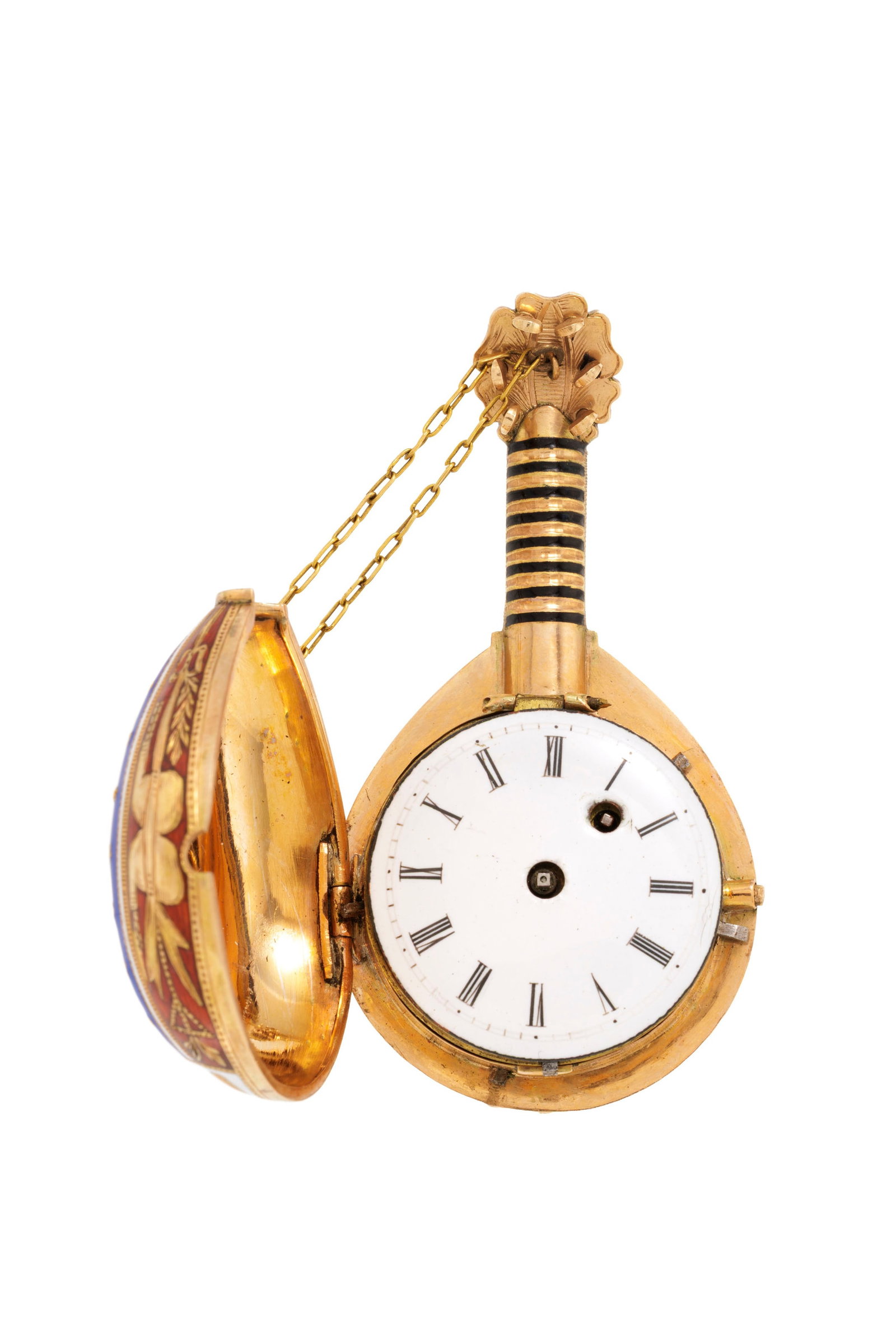Moynier & Fils à Genève, montre mandoline à coq en or 750 ornée d'une scène: Moynier & Fils à Genève, montre mandoline à coq en or 750 ornée d'une scène en émail polychrome, années 1830-40 Mouvement: mécanique, n°23477 Boîtier: