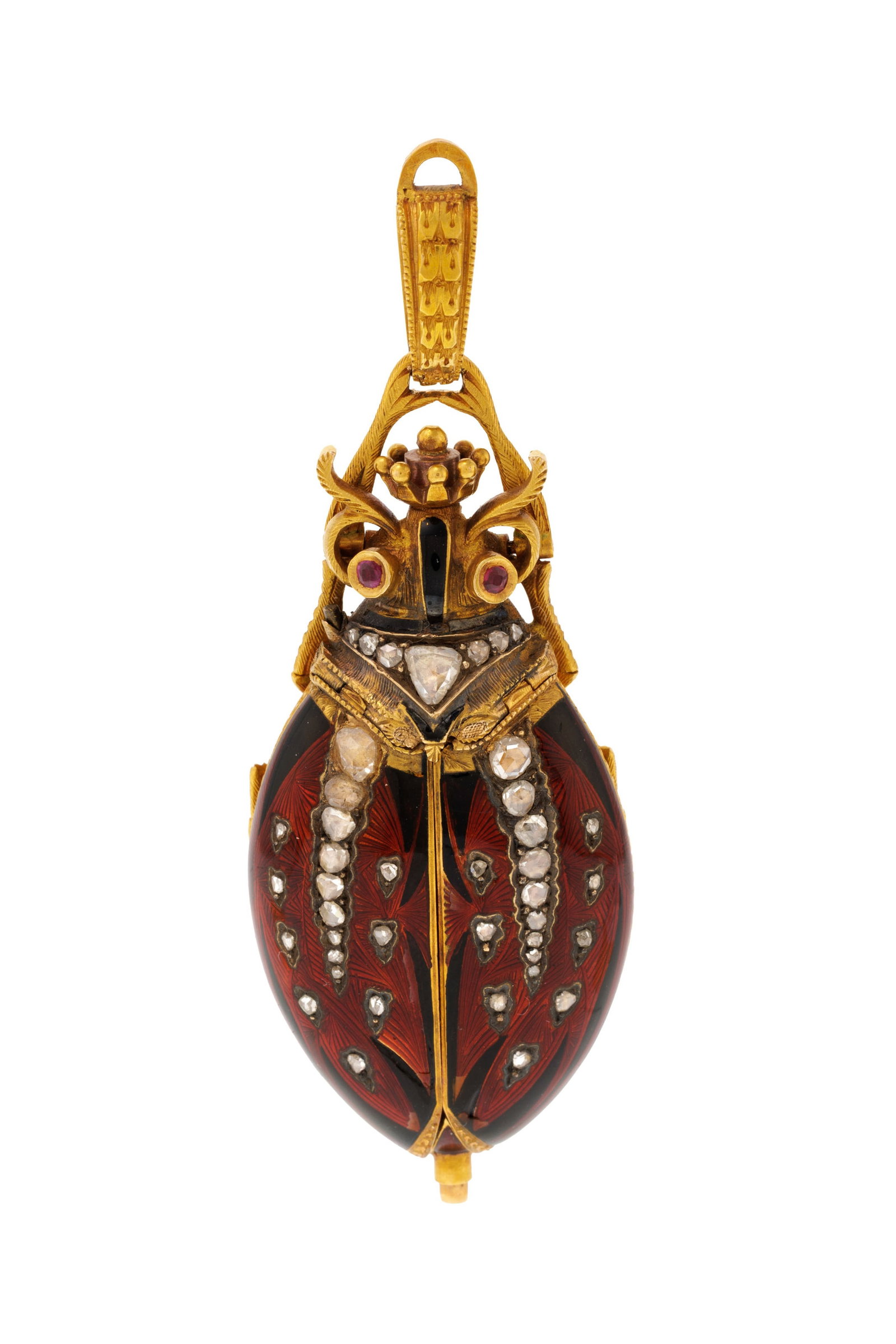 Montre pendentif scarabée en or, argent et émail sertie de diamants, les ailes s’ouv - 2