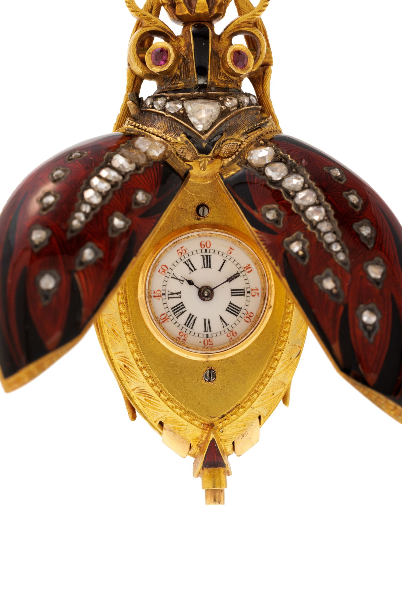 Montre pendentif scarabée en or, argent et émail sertie de diamants, les ailes s’ouv - 4