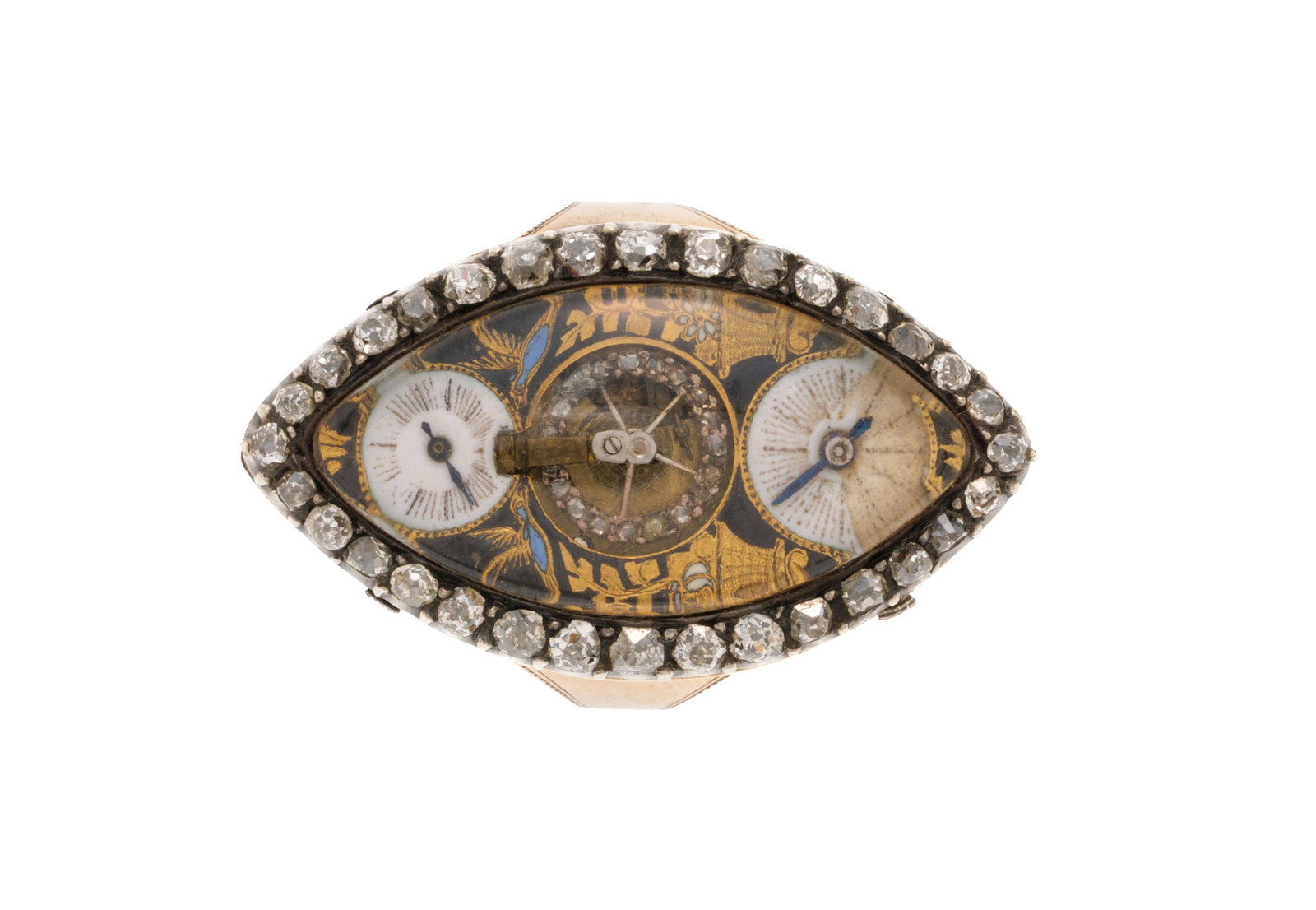 Bague-montre en or rose et argent sertie de diamants à double cadran avec balancier au centre &: Bague-montre en or rose et argent sertie de diamants à double cadran avec balancier au centre également serti de diamants entouré d'un décor d'oiseau en émail, 1ère parti