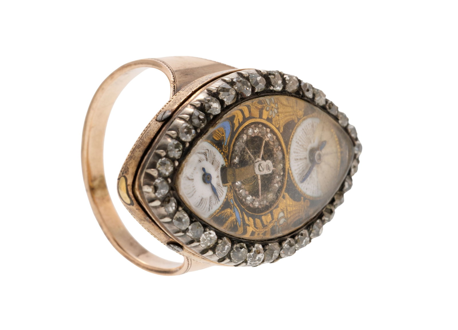 Bague-montre en or rose et argent sertie de diamants à double cadran avec balancier au centre & - 2